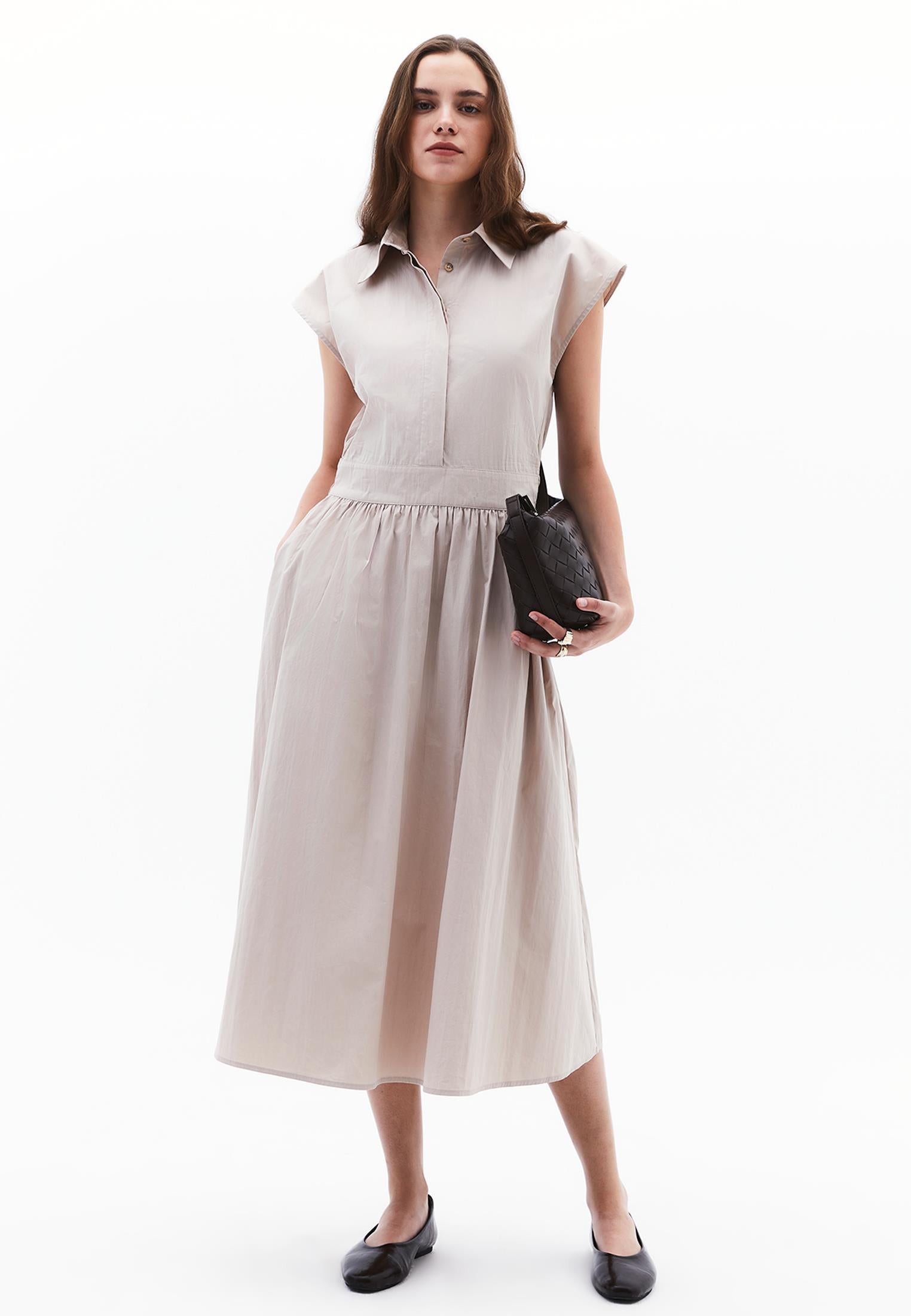 Shirt Collar Long Woven Dress - FEATHER GRAY