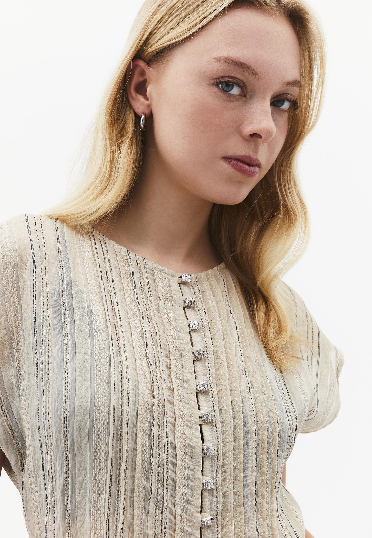 Embroidered Crew Neck Tunic Blouse - FEATHER GRAY