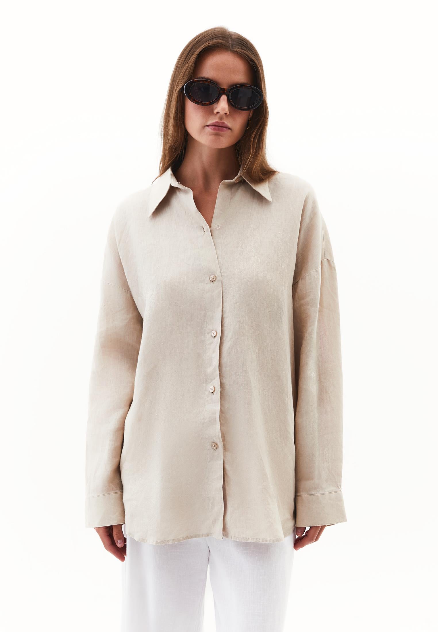 Linen Shirt With Large Fit And Buttons - FEATHER GRAY
