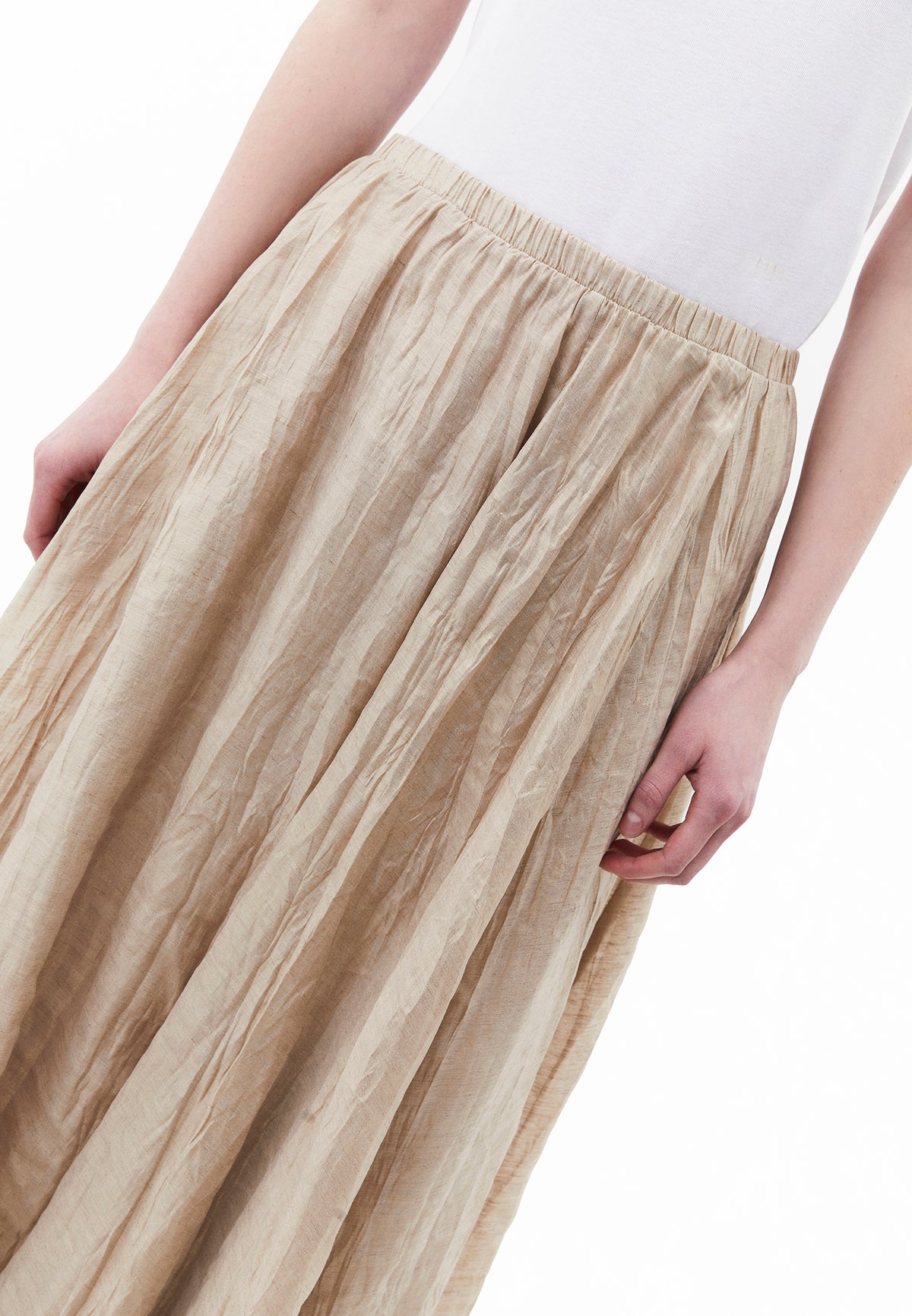 Shiny Flared Long Skirt - Beige
