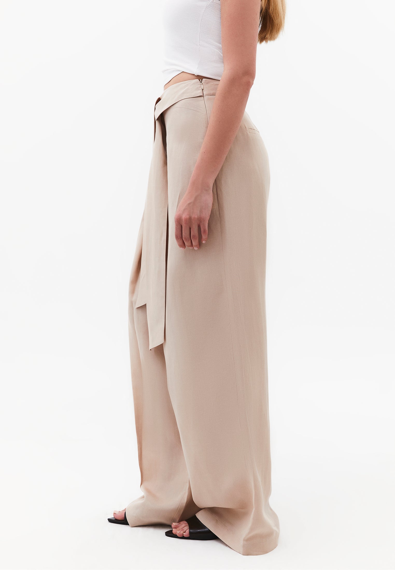 Belted High Waist Wide Leg Pants - FEATHER GRAY