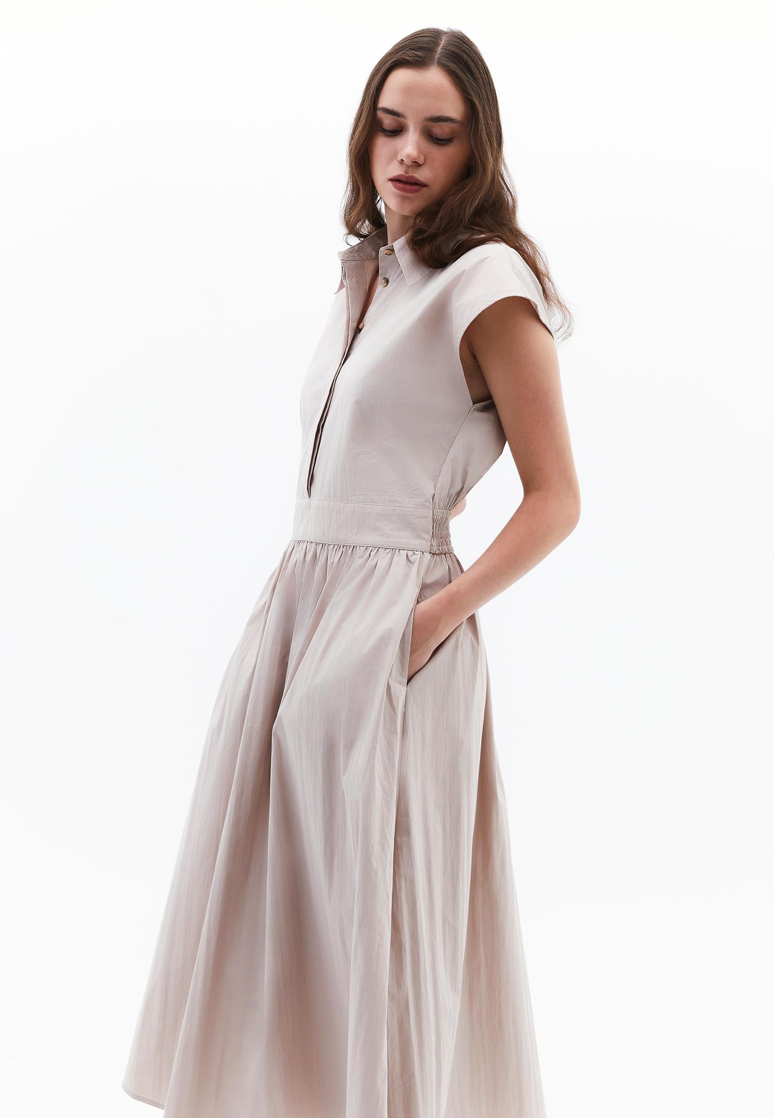 Shirt Collar Long Woven Dress - FEATHER GRAY