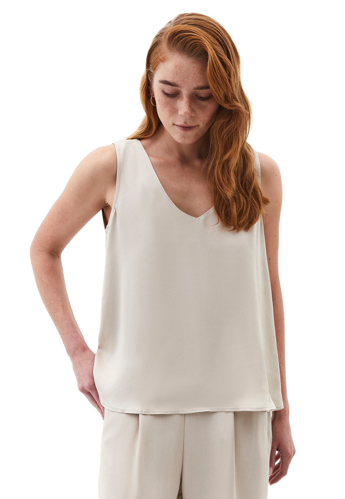 U Neck Tank Top With Button Details - Beige