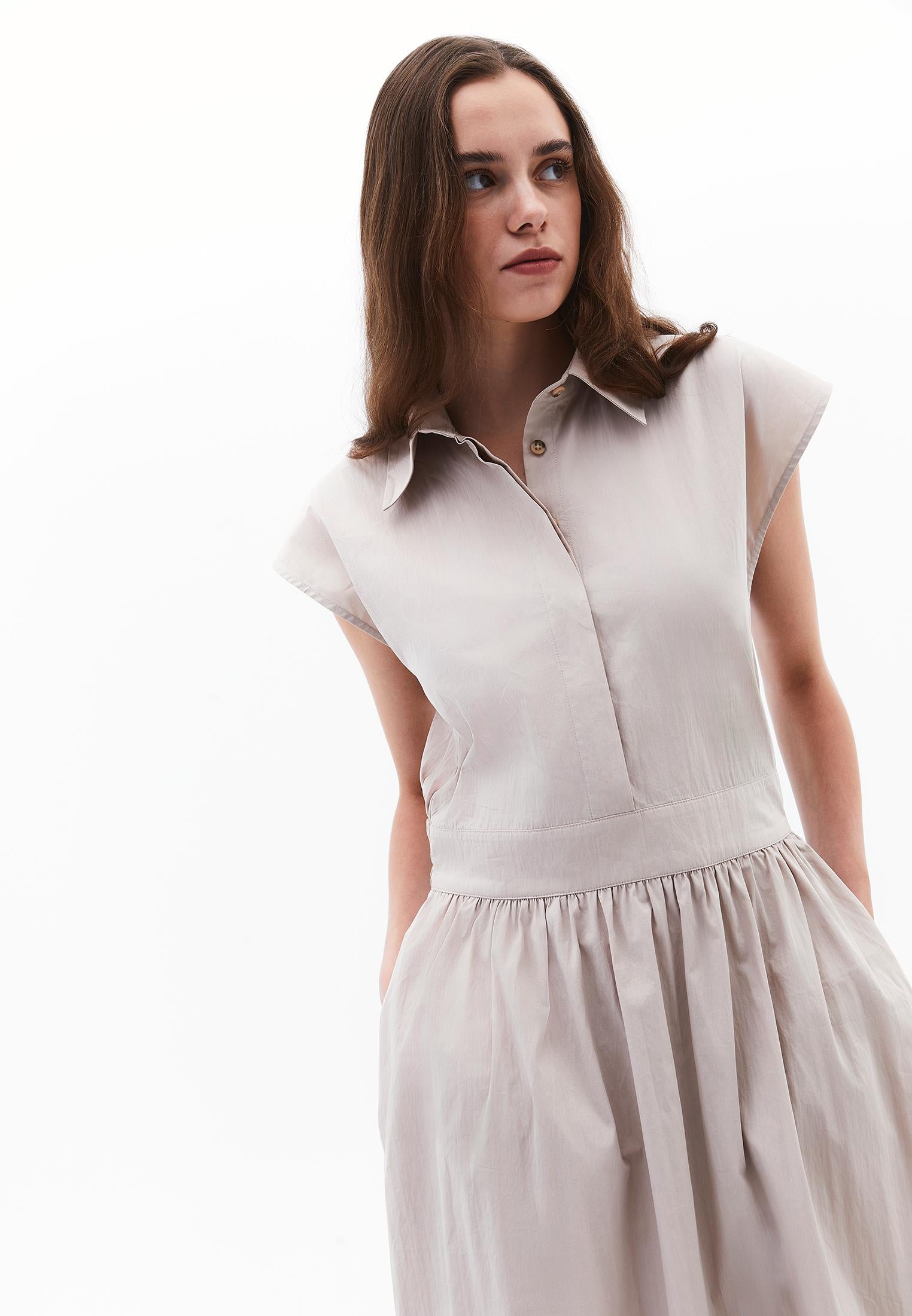 Shirt Collar Long Woven Dress - FEATHER GRAY