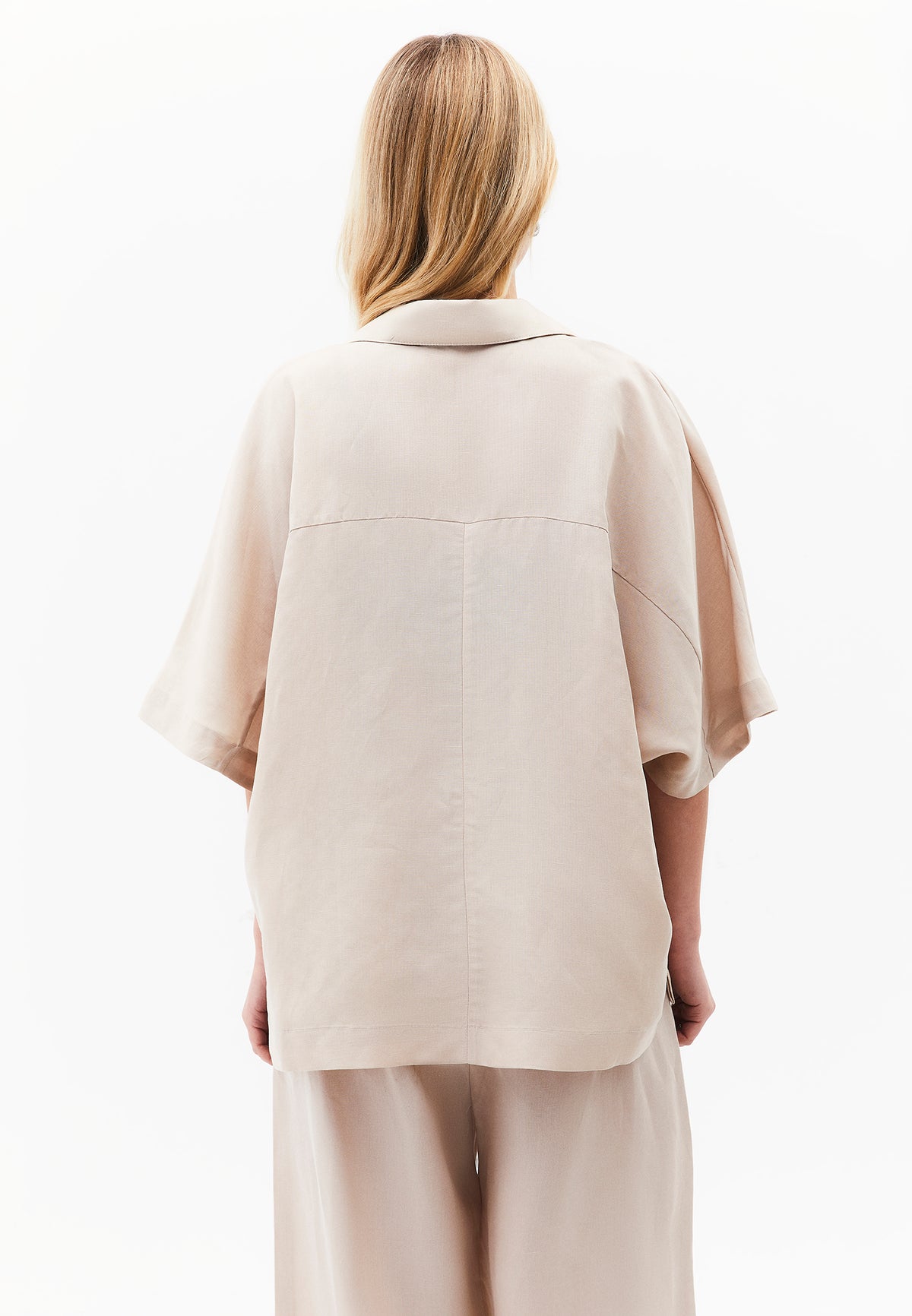Polo Neck Batwing Sleeve Oversize Blouse - Beige