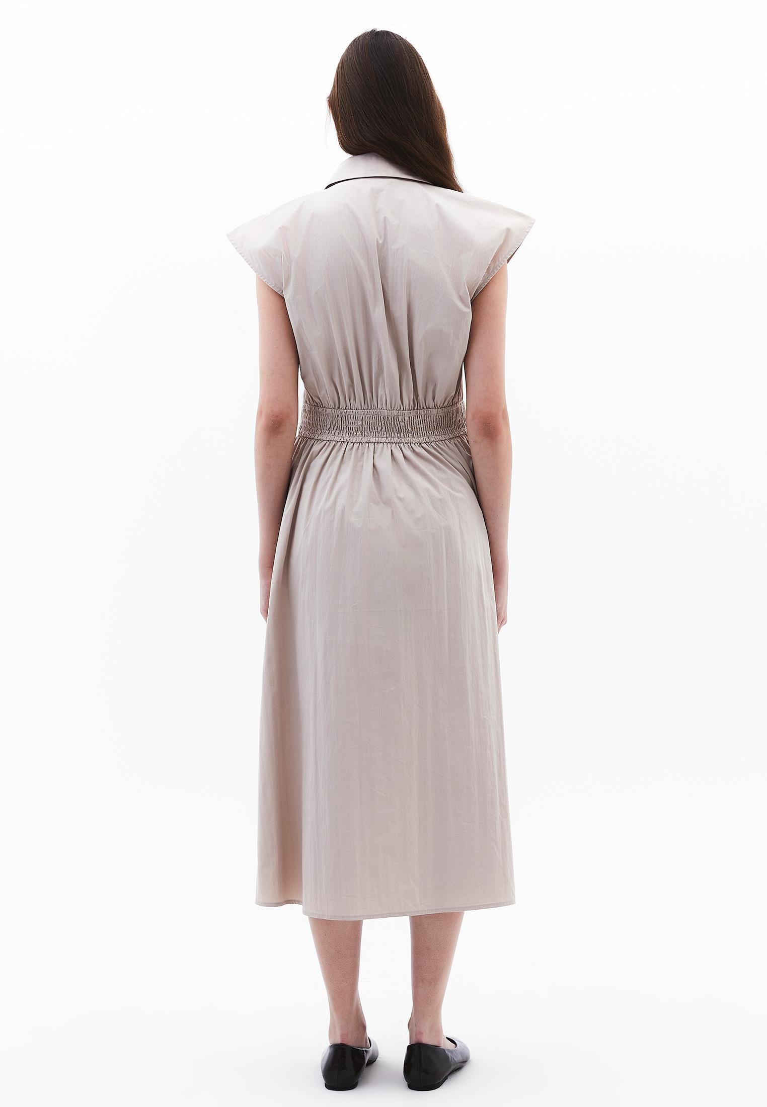 Shirt Collar Long Woven Dress - FEATHER GRAY