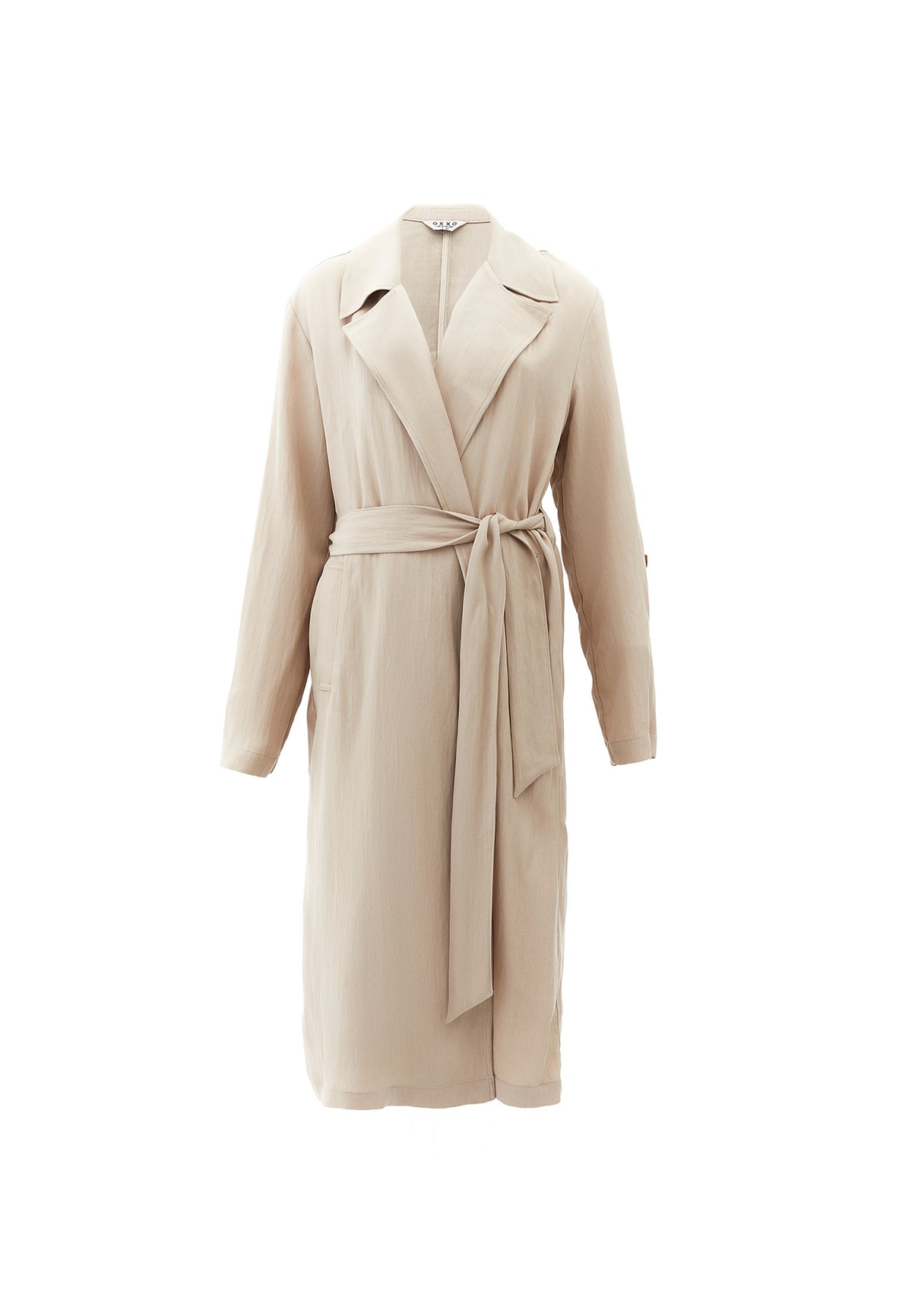 Long Coat With Belt Detail - Beige
