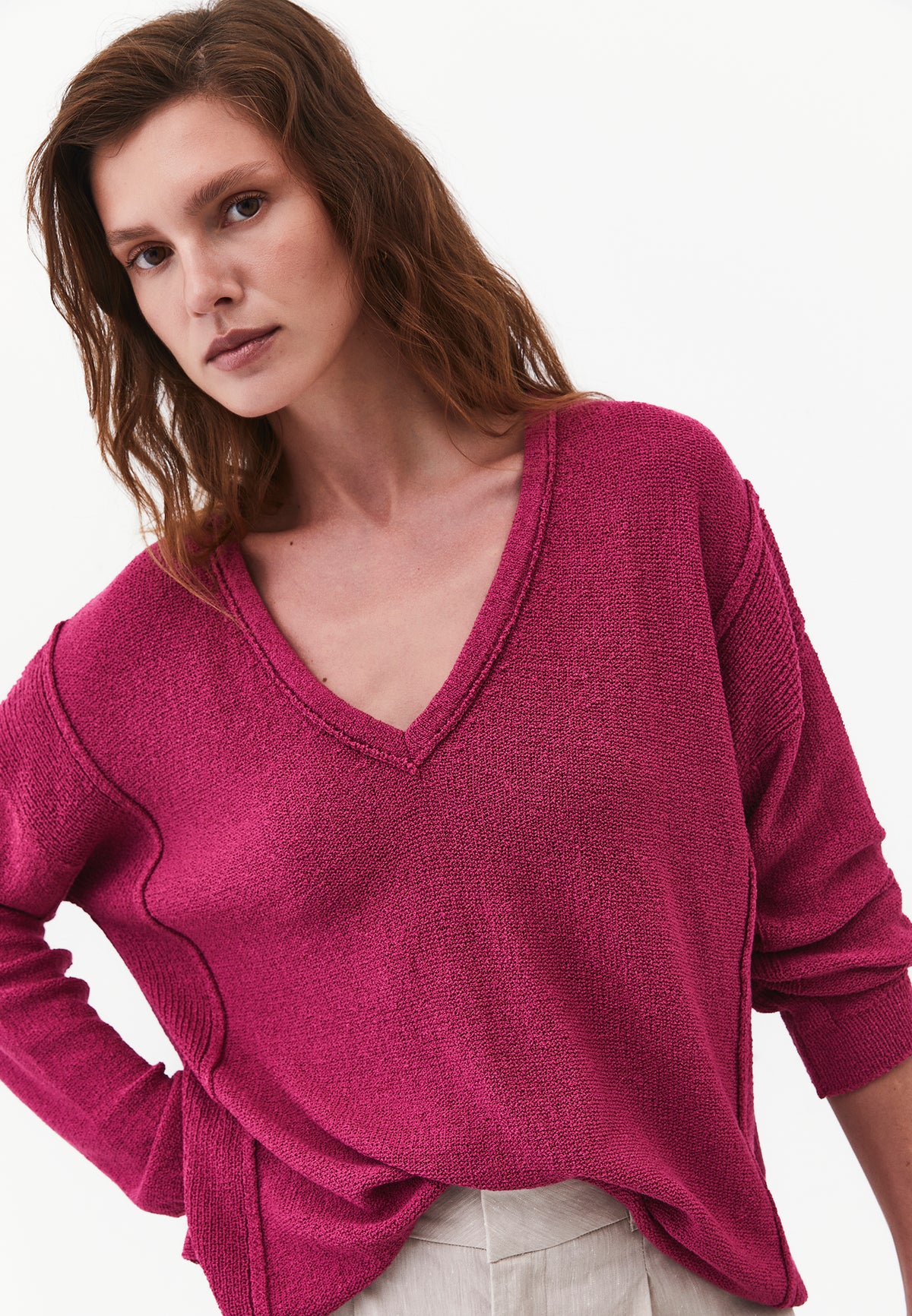 Oversize Tunic Sweater V Neck - FESTIVAL FUCHSIA