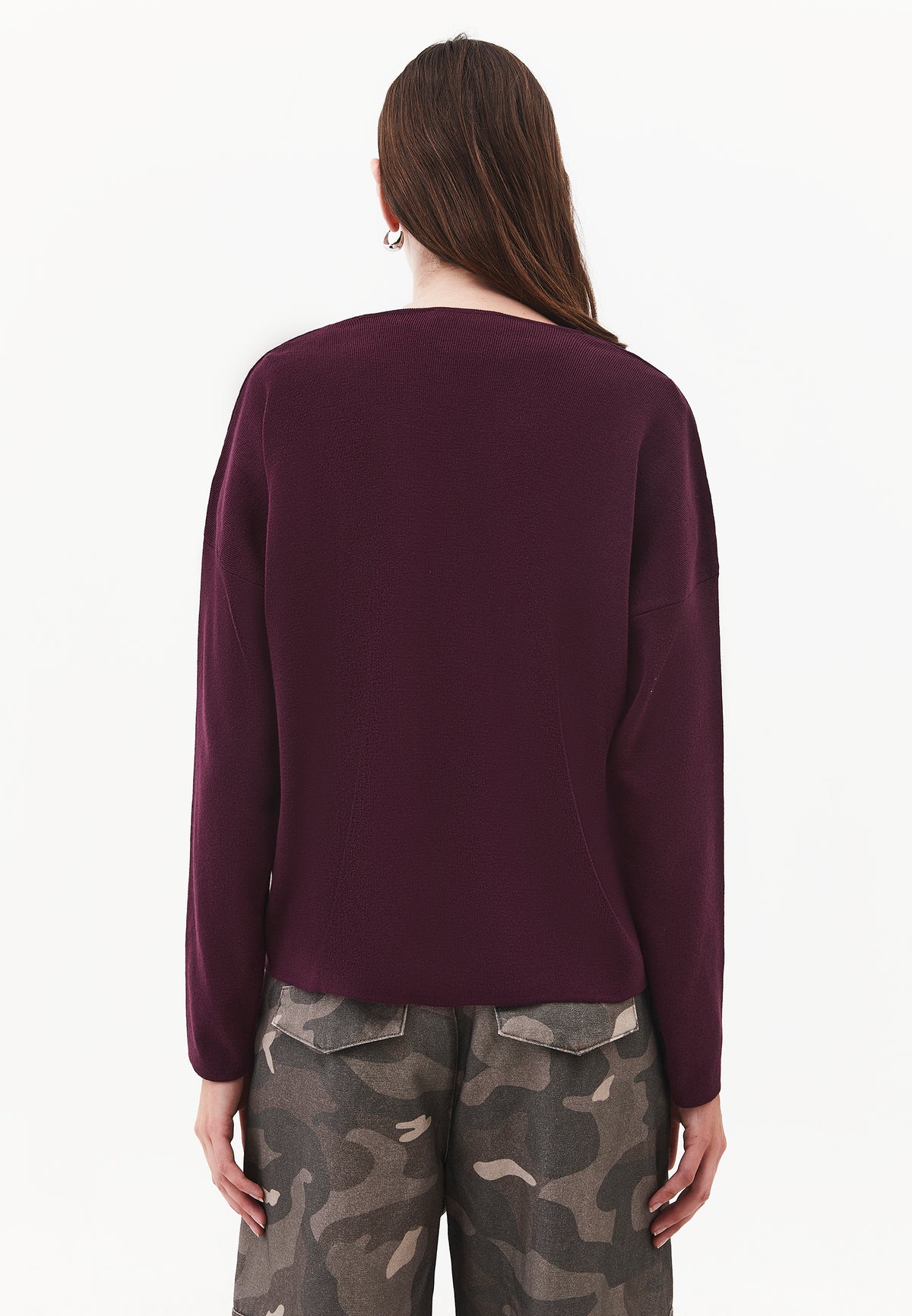 V Neck Long Sleeve Sweater - FIG