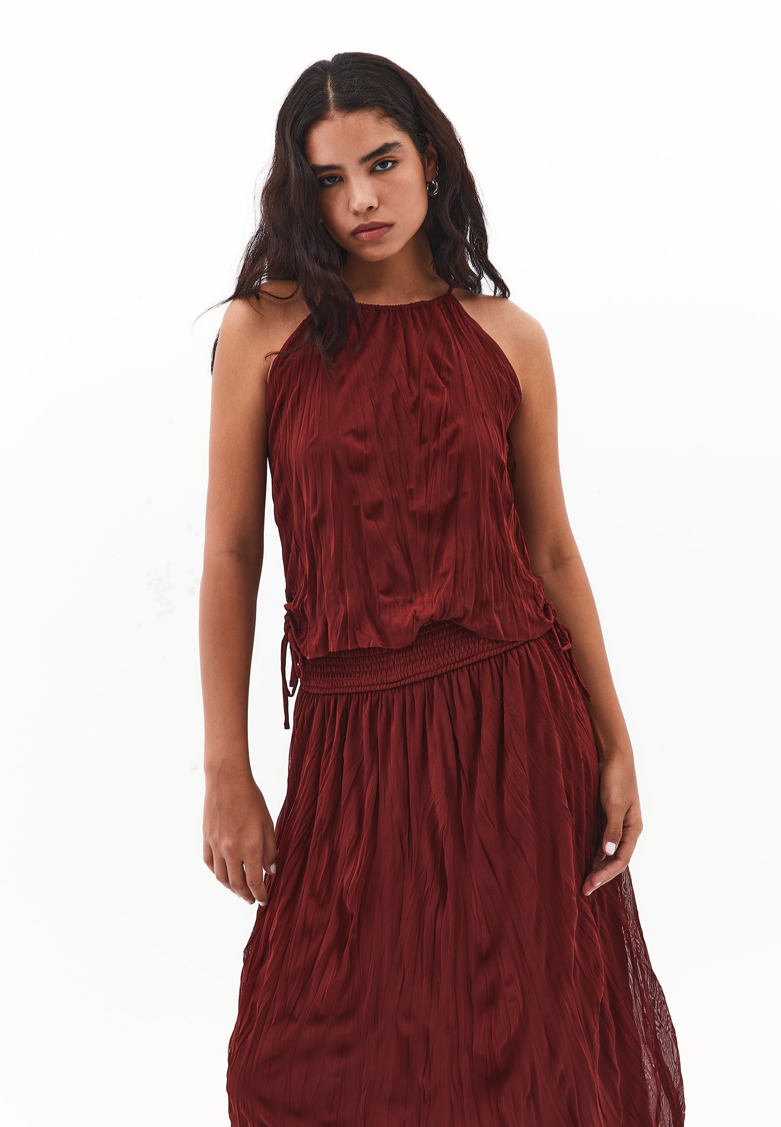 Halter Neck Crinkled Look Blouse - FIRED BRICK