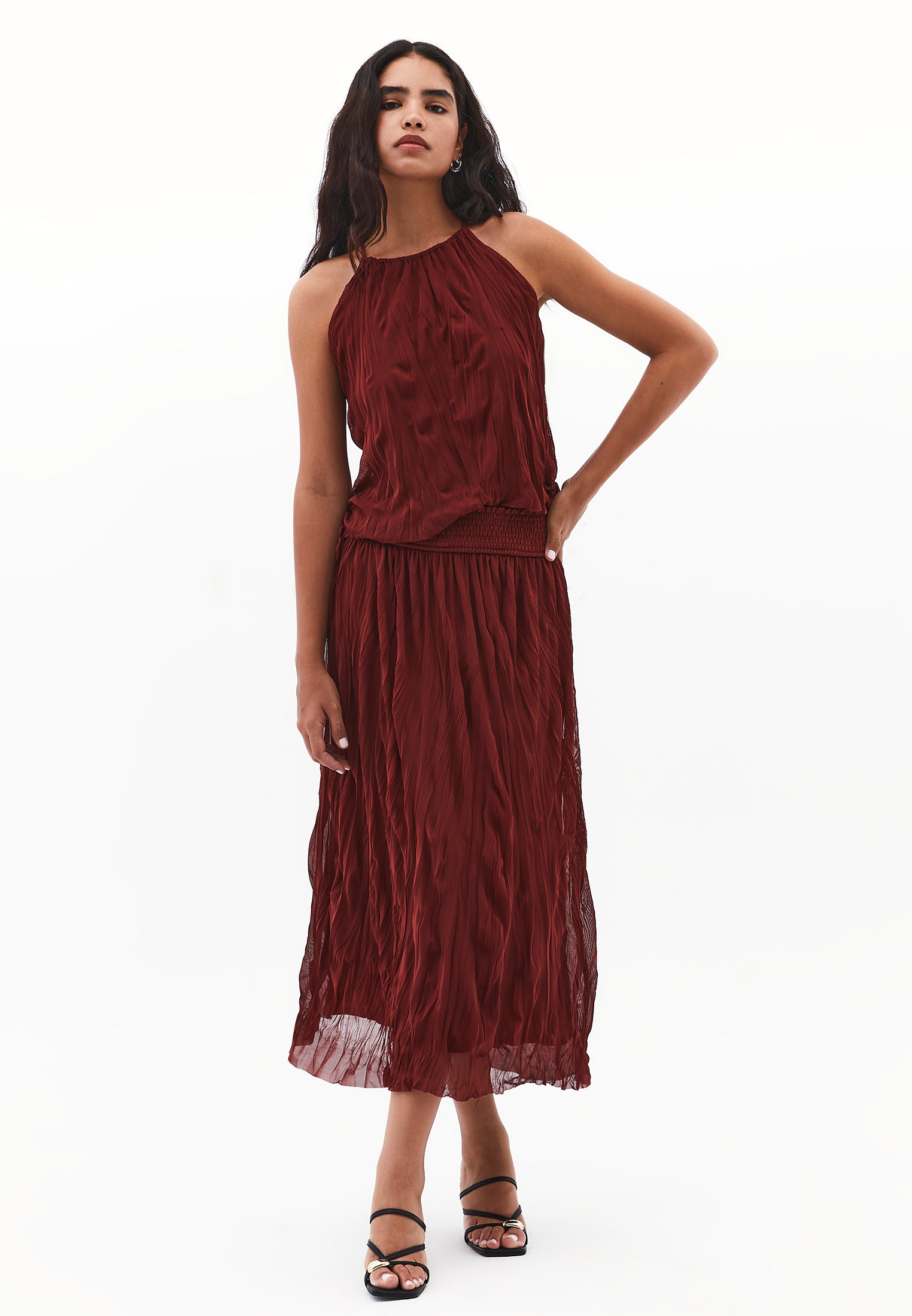 Wrinkled Look Midi Skirt - FIRED BRICK