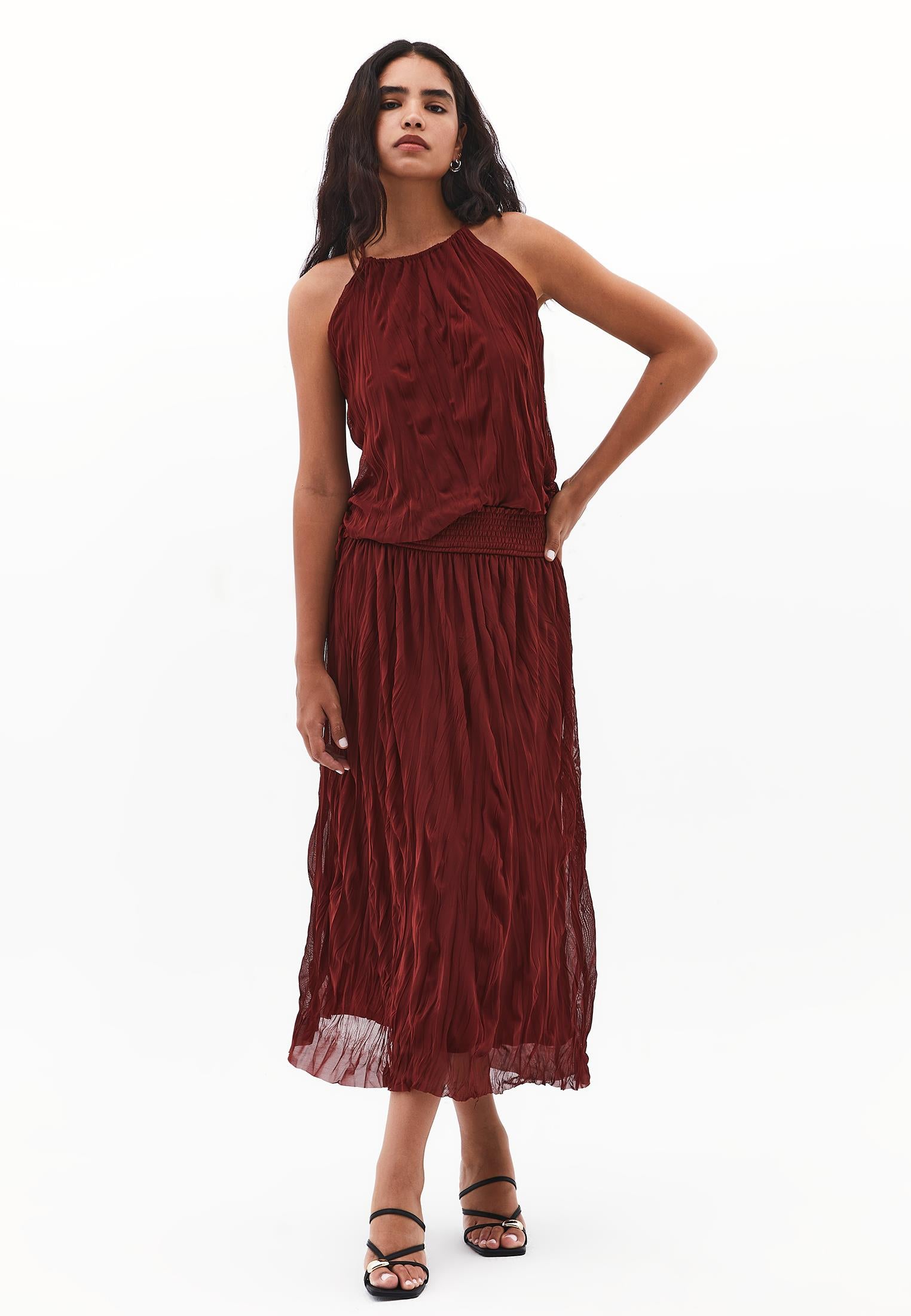 Halter Neck Crinkled Look Blouse - FIRED BRICK