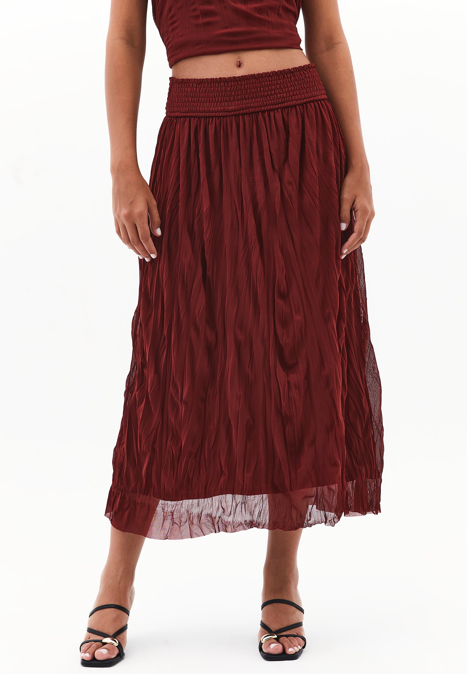 Wrinkled Look Midi Skirt - FIRED BRICK