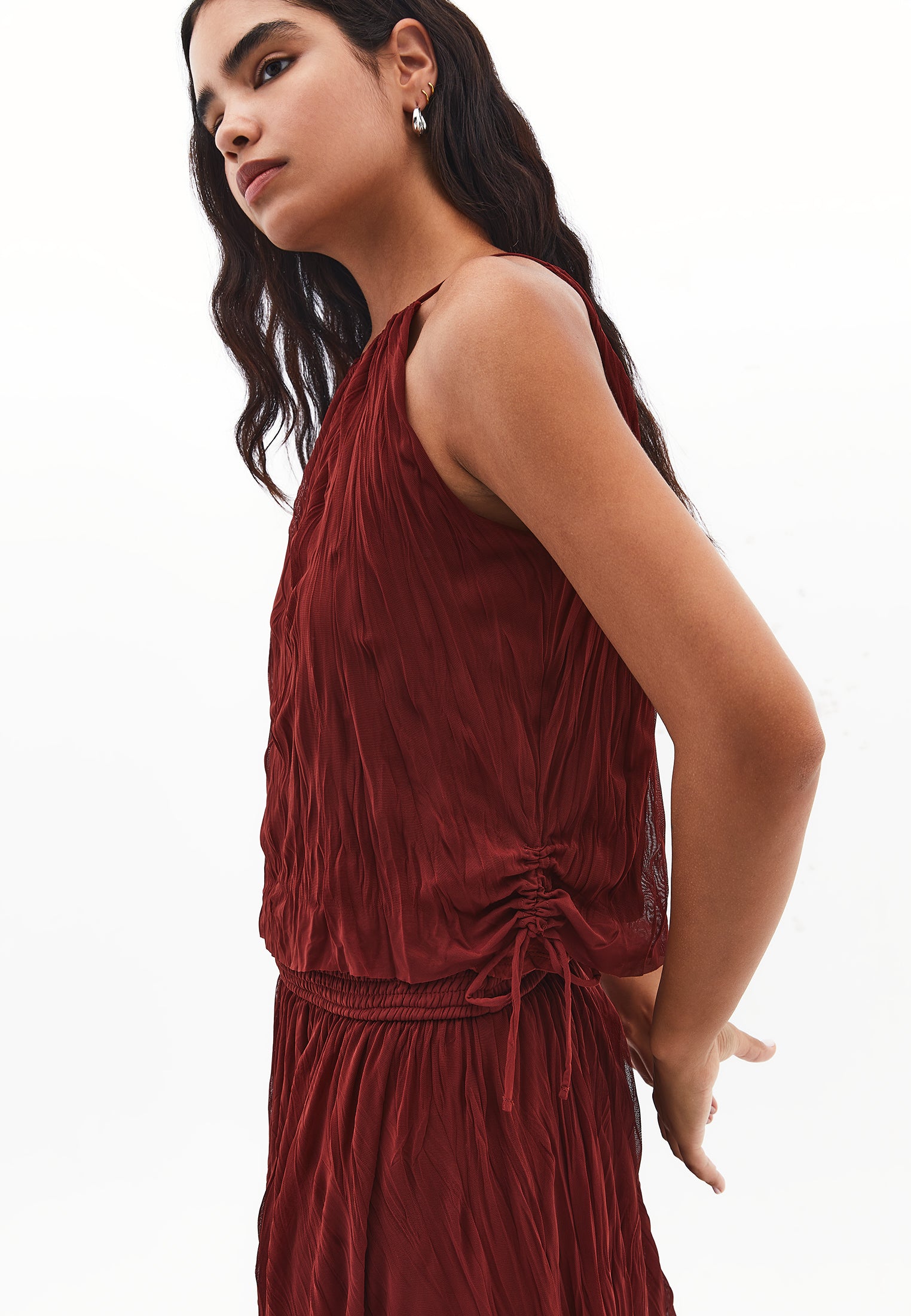 Halter neck wrinkled look blouse - FIRED BRICK