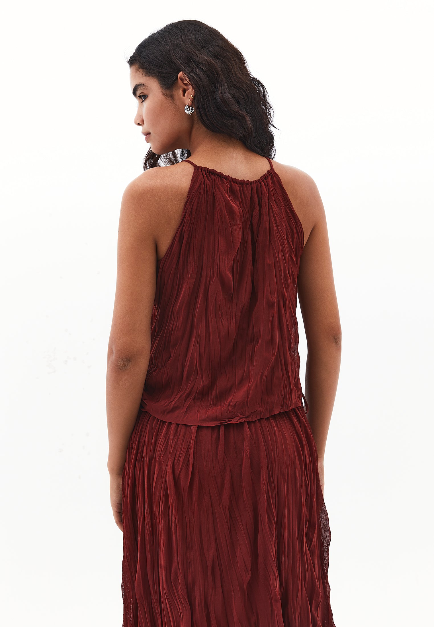 Halter Neck Crinkled Look Blouse - FIRED BRICK