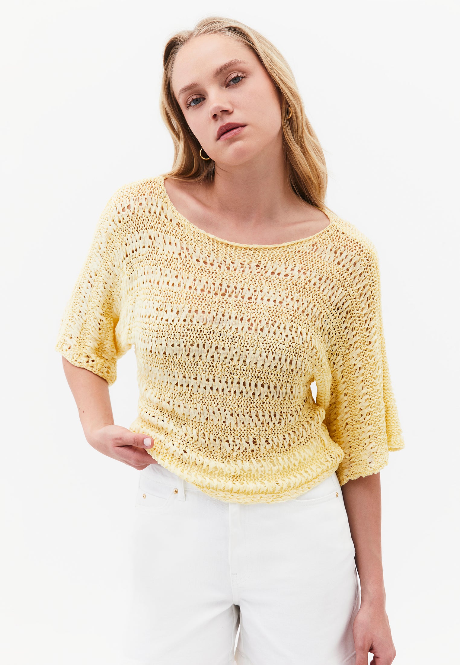 Openwork Batwing Sleeve Boat Neck Cropped Blouse - FLAN