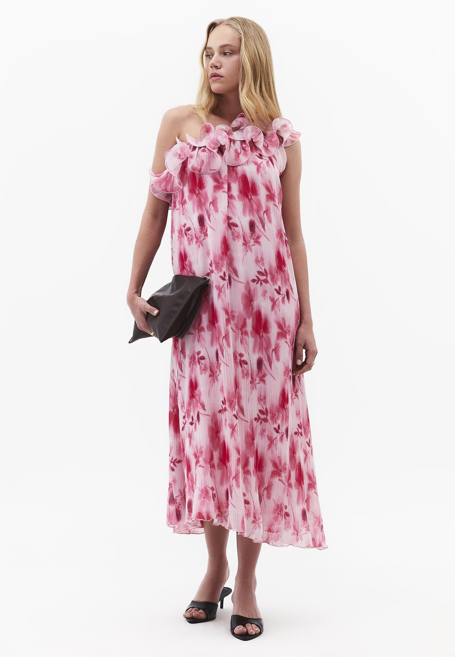 One Shoulder Pleated Printed Long Dress - FLORAL COMB