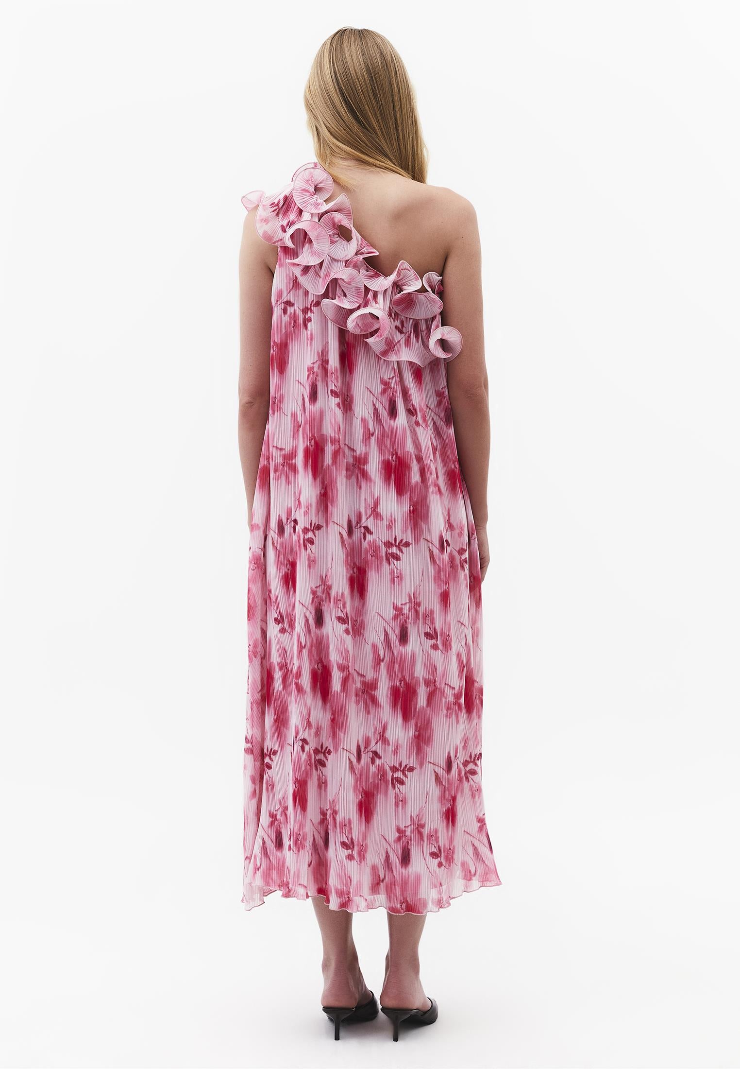 One Shoulder Pleated Printed Long Dress - FLORAL COMB