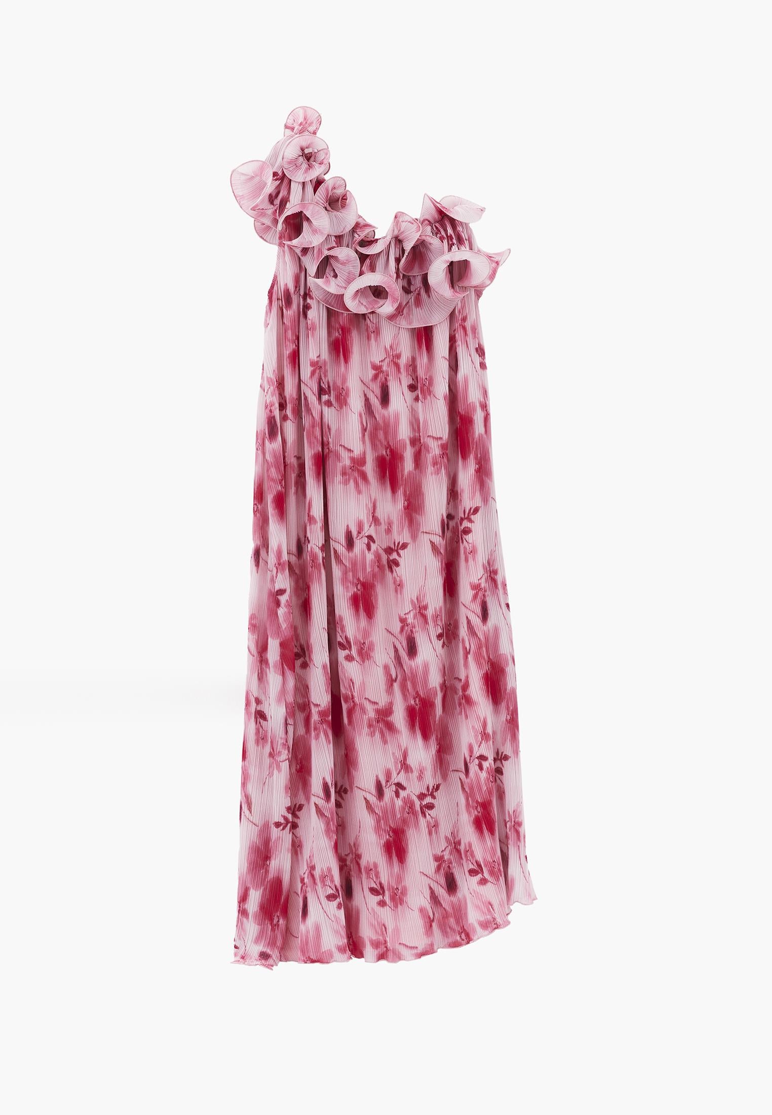 One Shoulder Pleated Printed Long Dress - FLORAL COMB