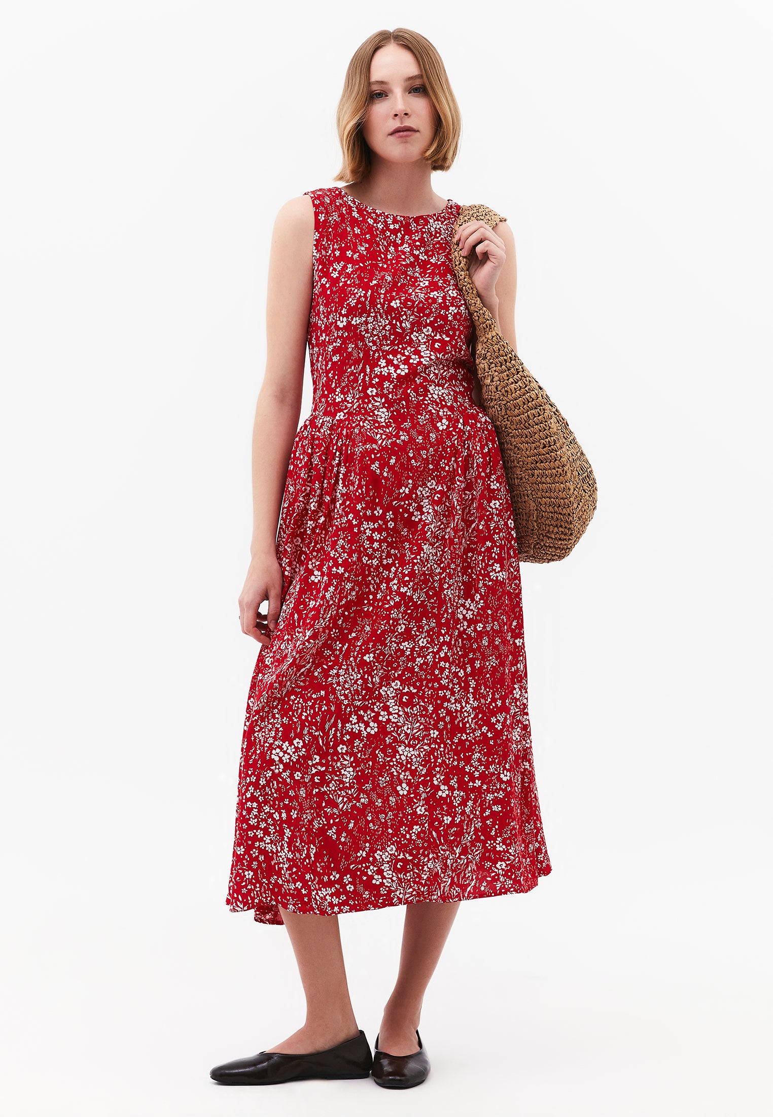 Printed Ruched Midi Dress - FLORAL PRINT