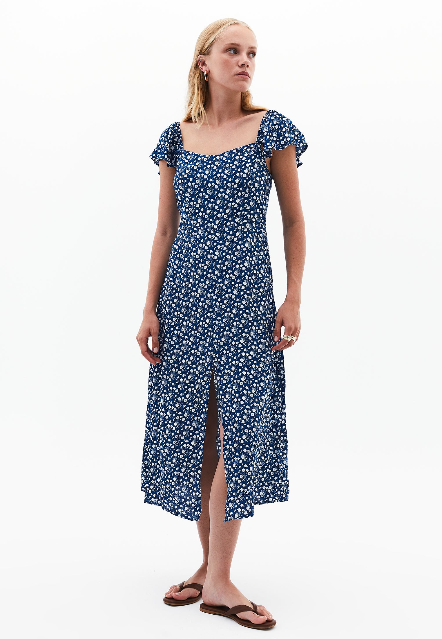 Sweetheart Neck Printed Slit Detailed Midi Dress - FLORAL PRINT