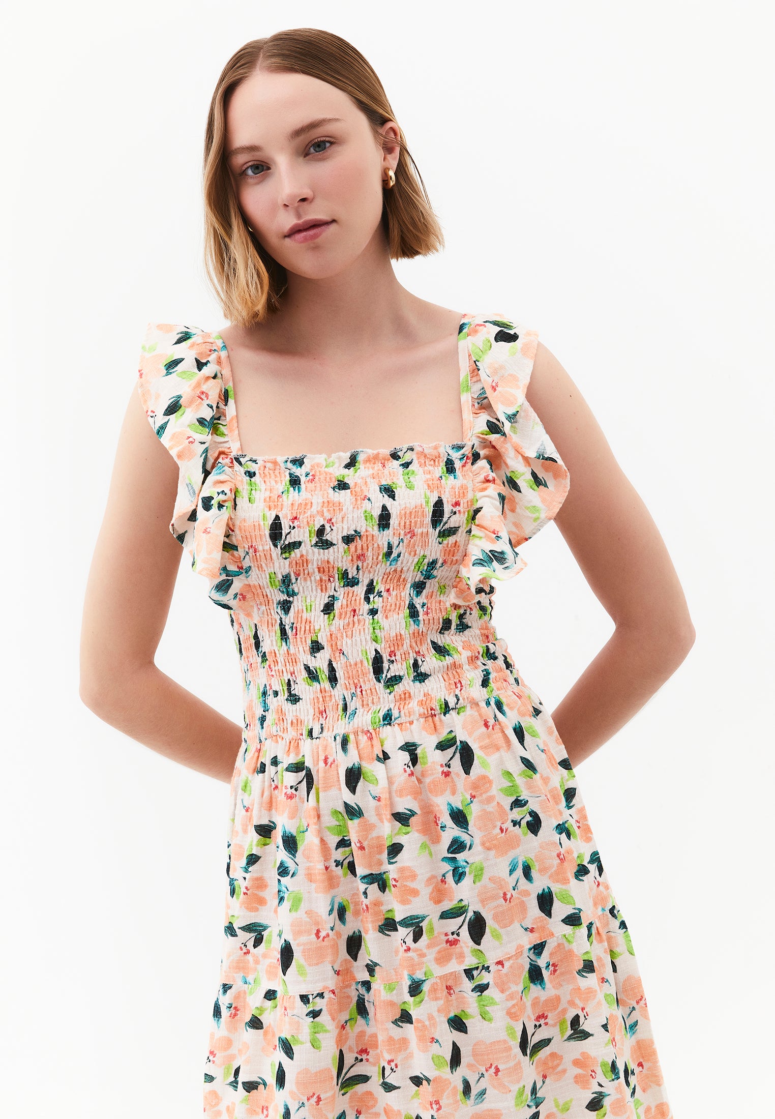 Long Dress With Butterfly Sleeves And Square Neckline - FLOWER COMB