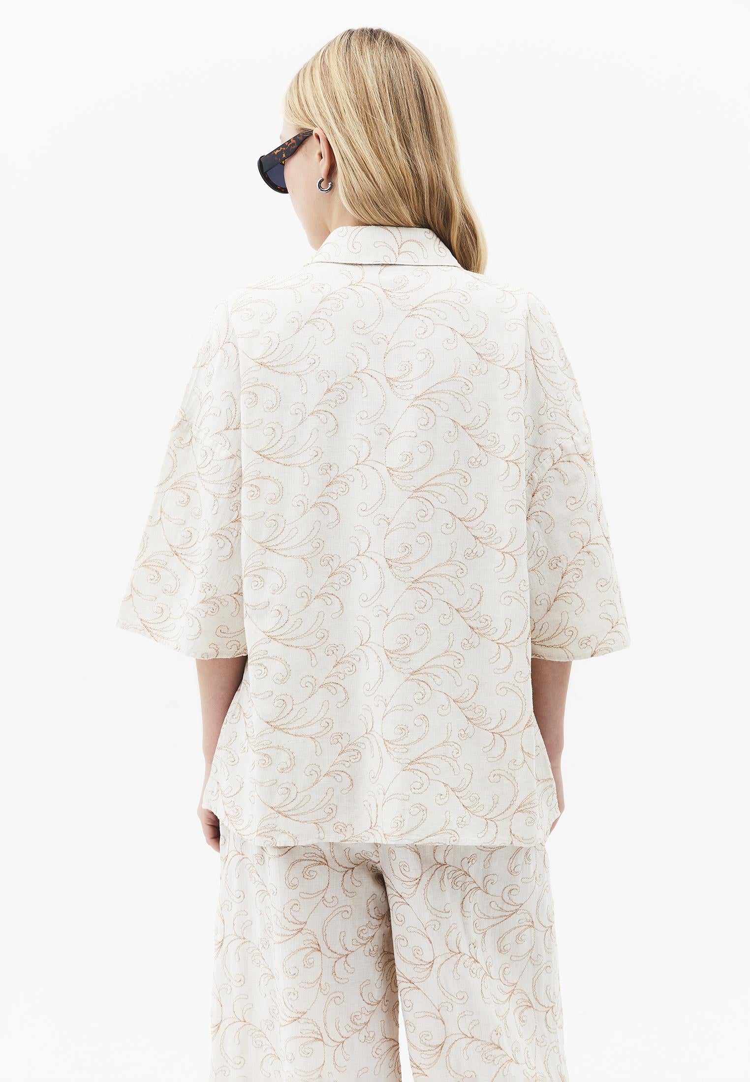 Shirt Collar Embroidered Tunic Shirt - FLOWER COMB