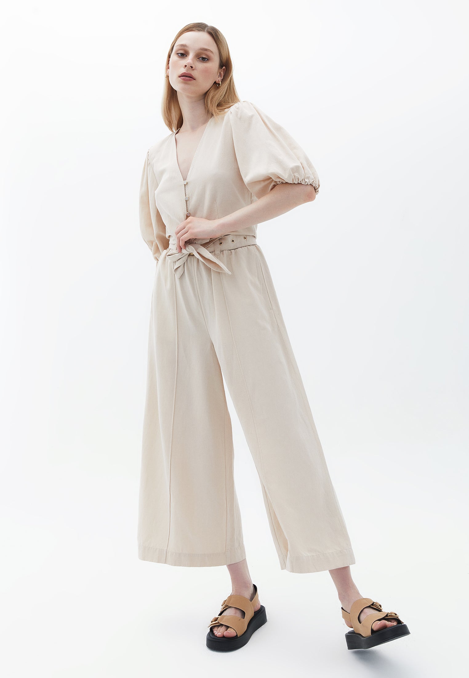 Elastic wide leg pants - FRENCH OAK