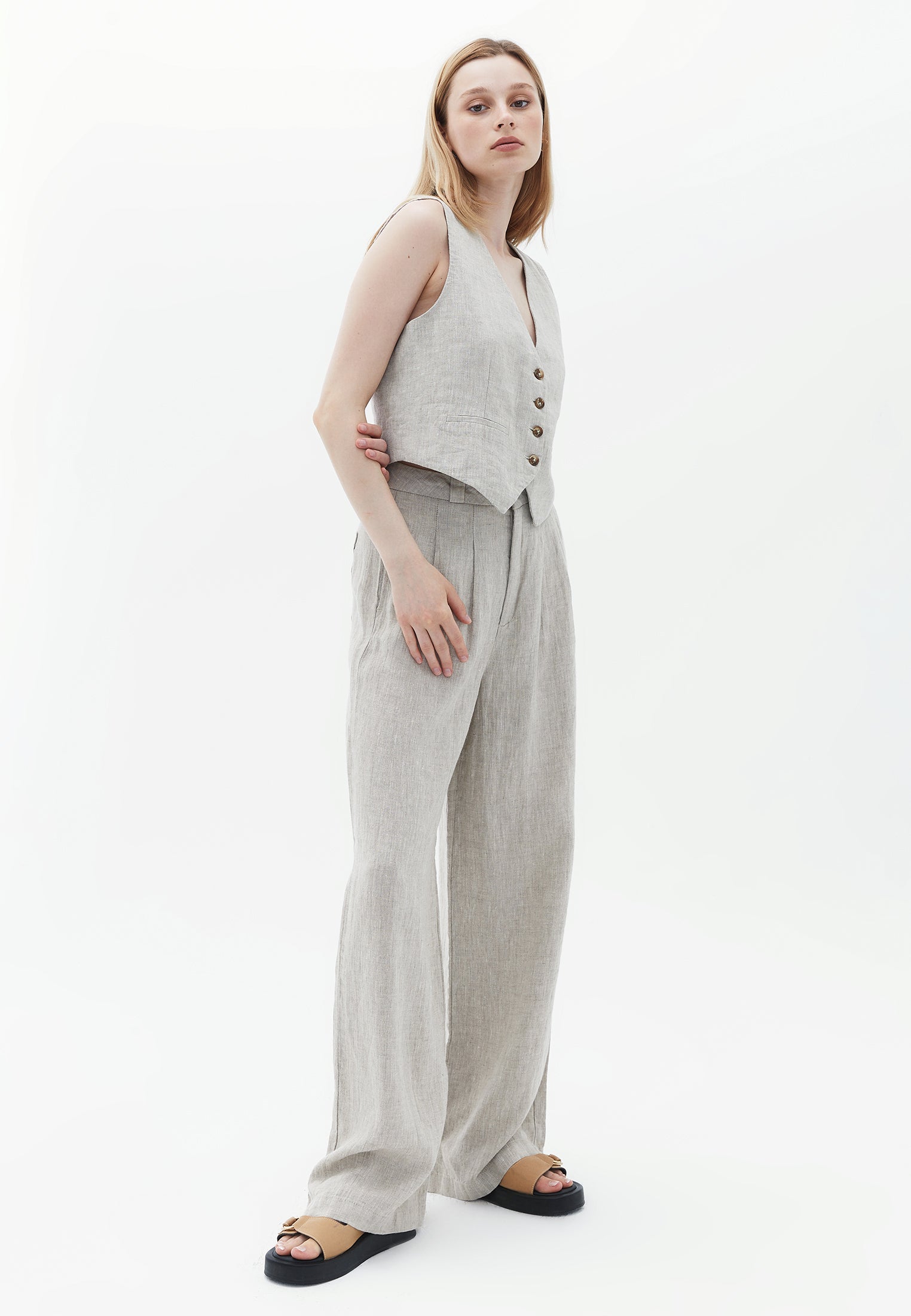 Button detail linen wide leg pants - FRENCH OAK