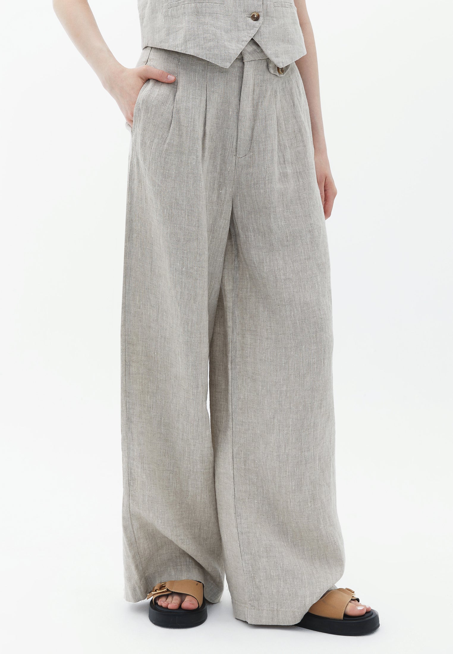 Button detail linen wide leg pants - FRENCH OAK