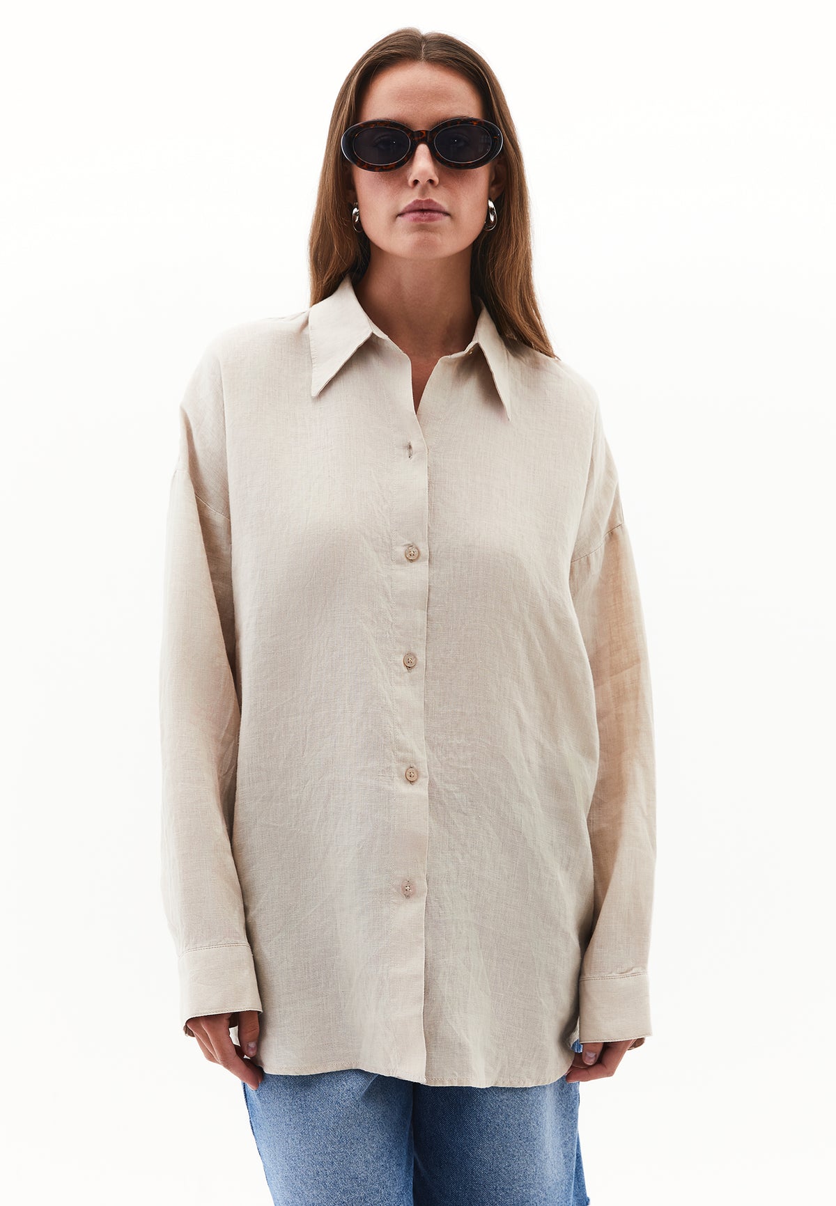 Linen Shirt With Large Fit And Buttons - Beige