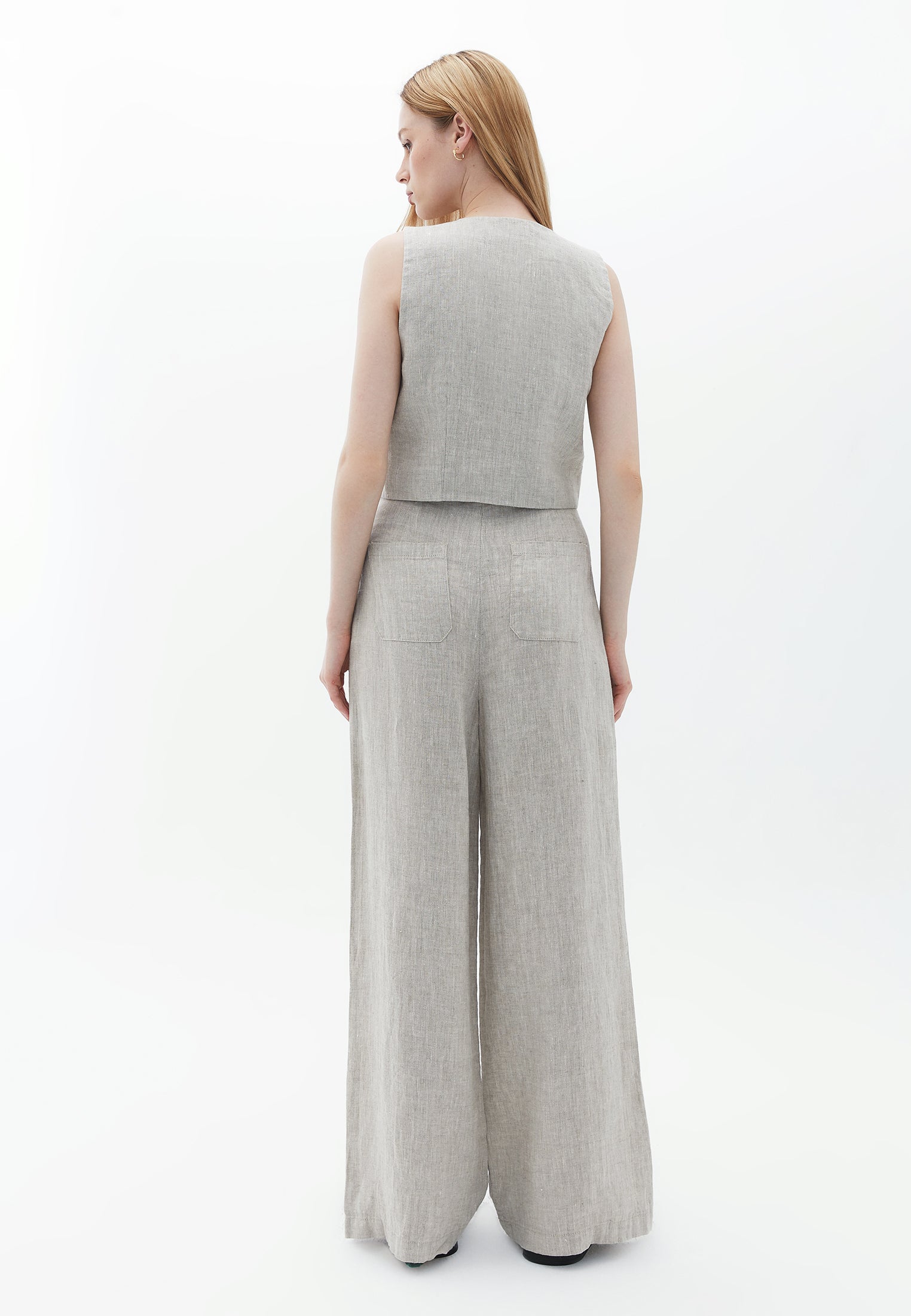 Button detail linen wide leg pants - FRENCH OAK