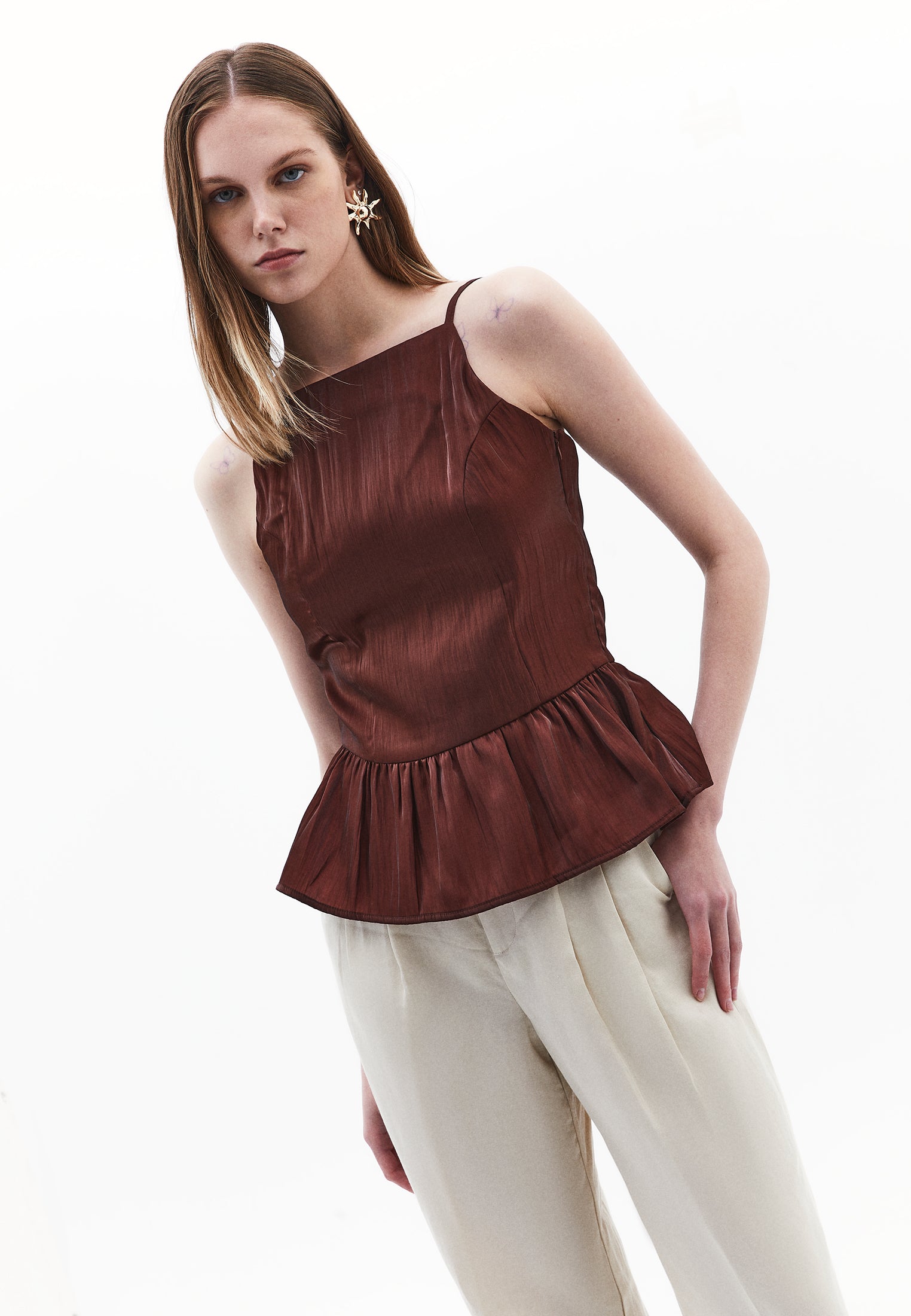 Sleeveless Frilled Boat Neck Tank Top - FRENCH ROAST