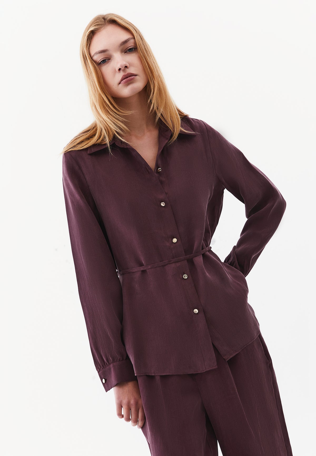 Shirt Collar Long Sleeve Shirt with Belt and Button Detail - Burgundy