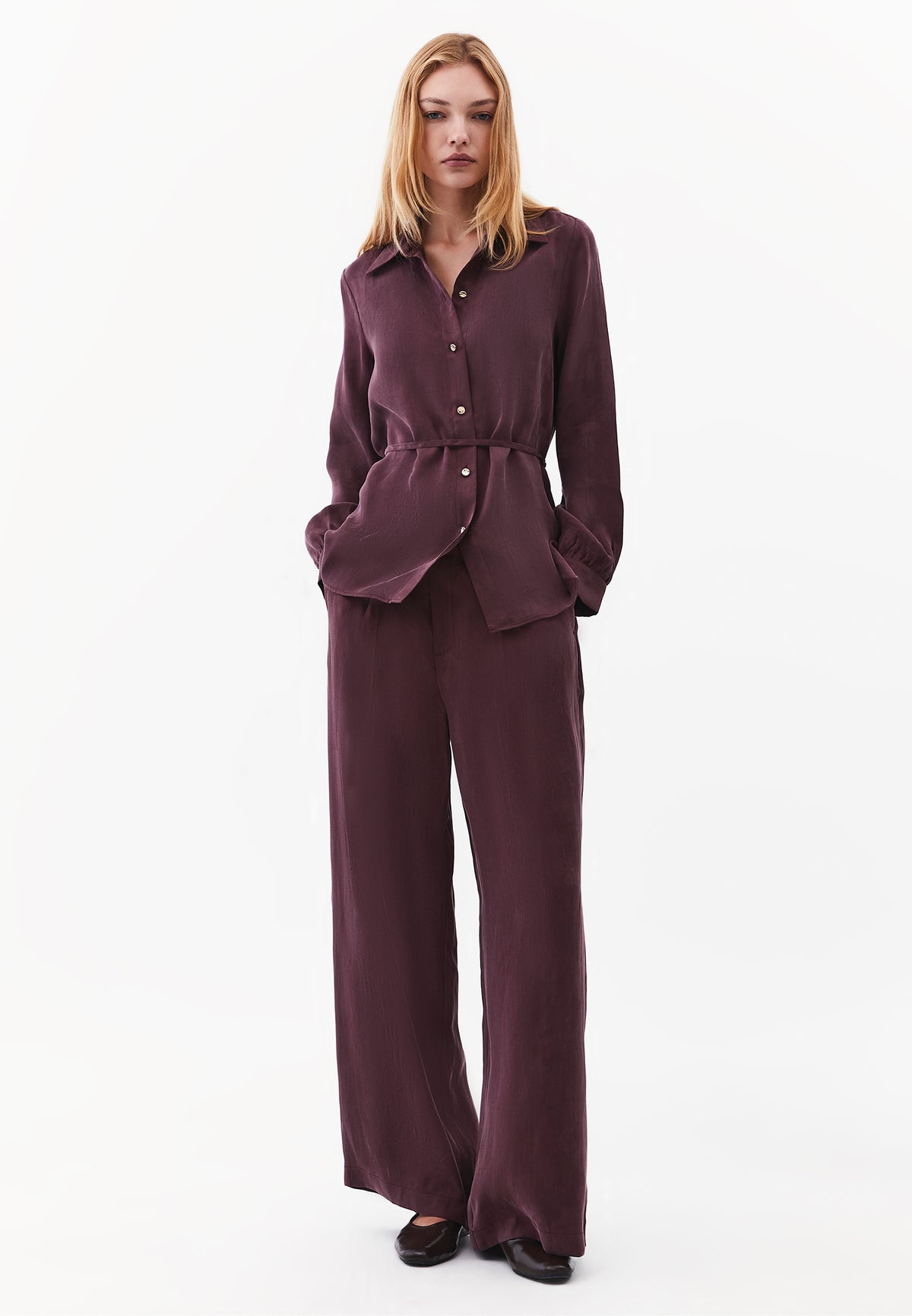 Shirt Collar Long Sleeve Shirt with Belt and Button Detail - Burgundy