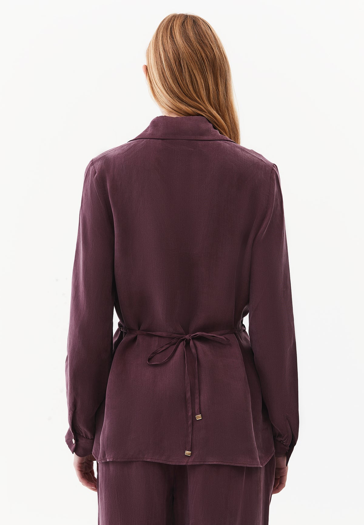 Shirt Collar Long Sleeve Shirt with Belt and Button Detail - Burgundy