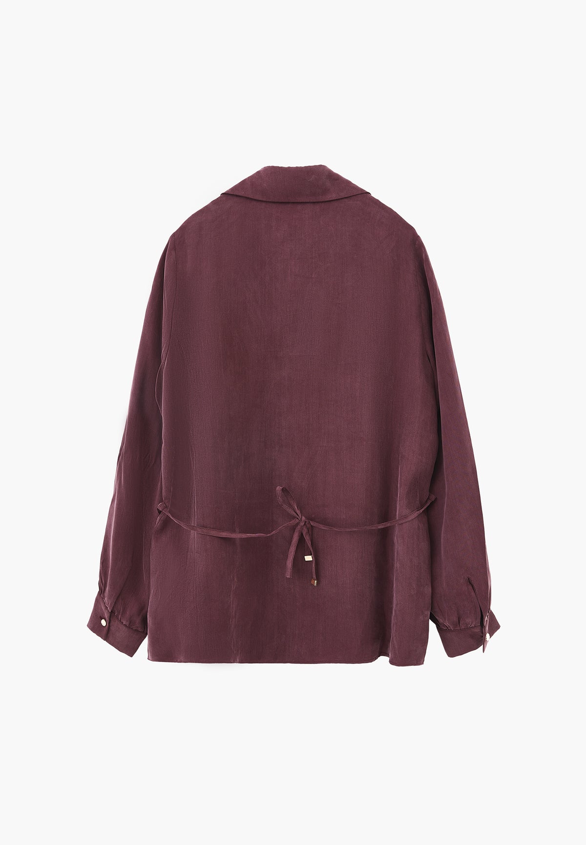 Shirt Collar Long Sleeve Shirt with Belt and Button Detail - Burgundy