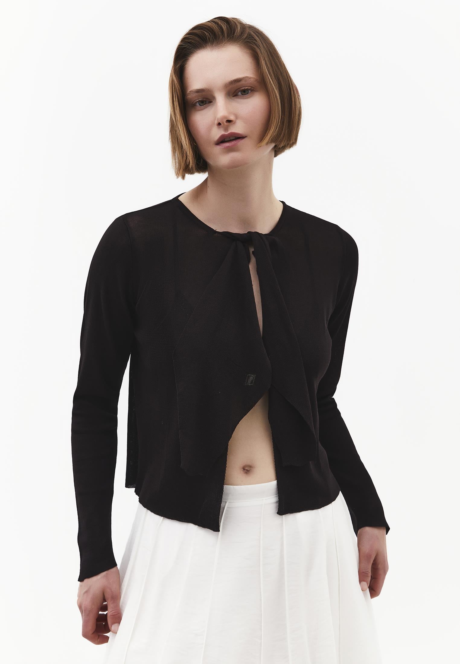 Tie Neckline Cardigan With Crew Neck - GANACHE