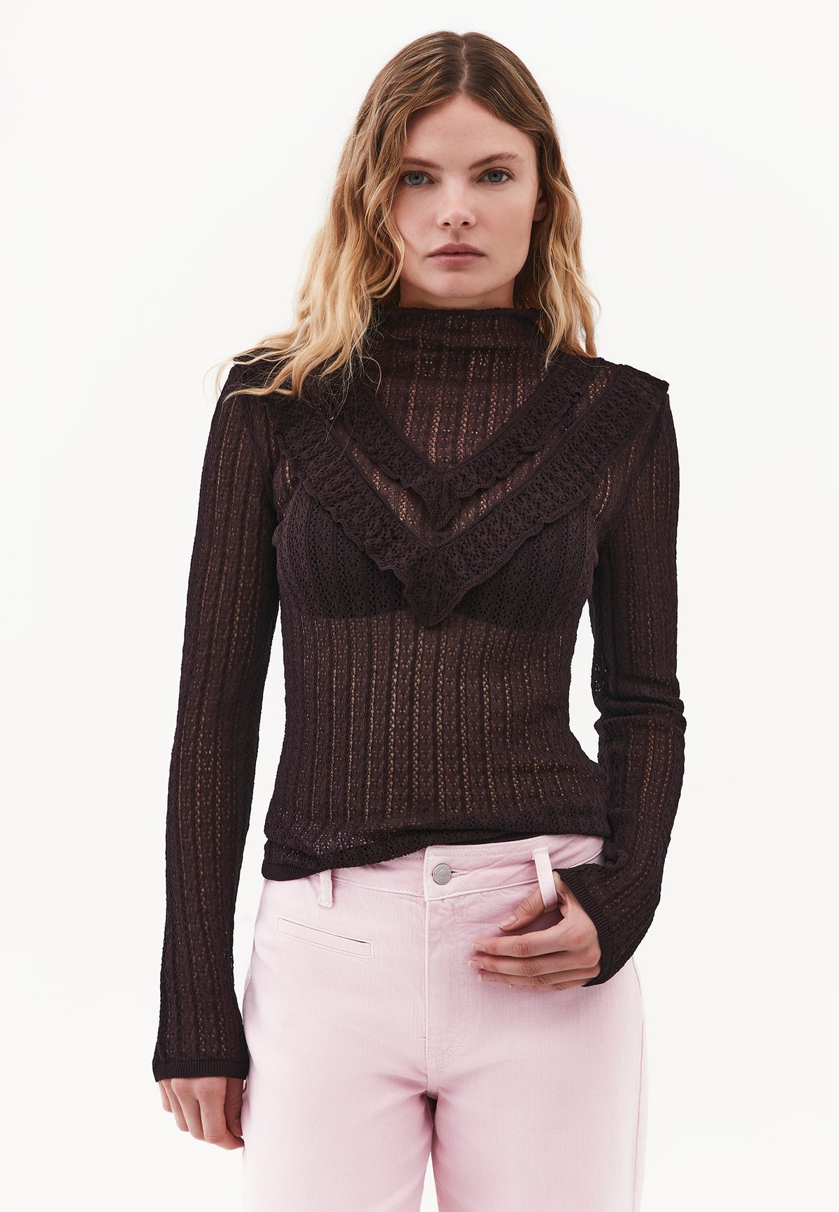 High Neck Long Sleeve Knit Sweater - Brown