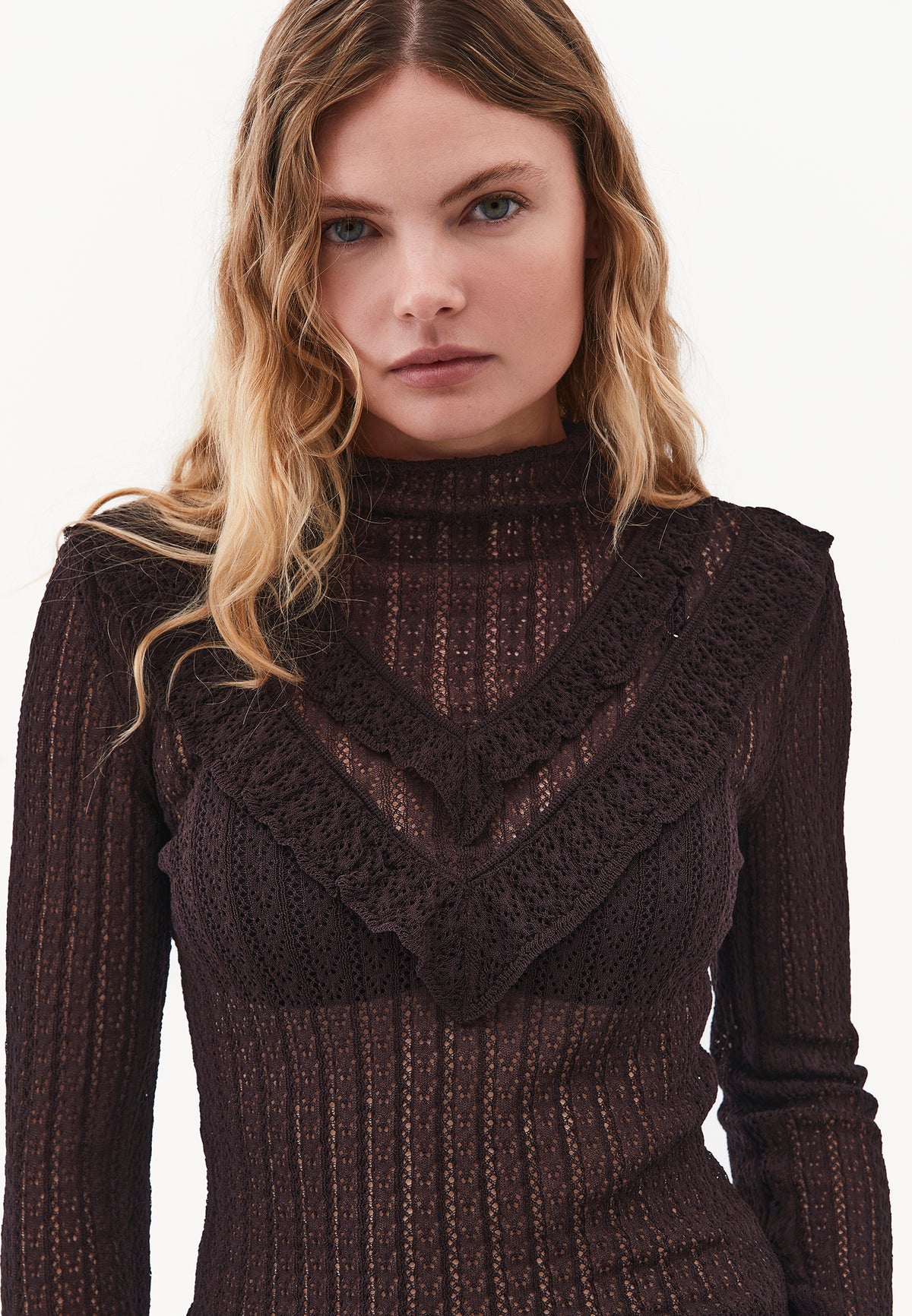 High Neck Long Sleeve Knit Sweater - Brown