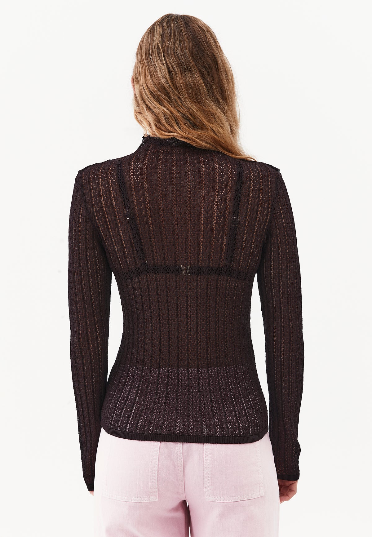 High Neck Long Sleeve Knit Sweater - Brown