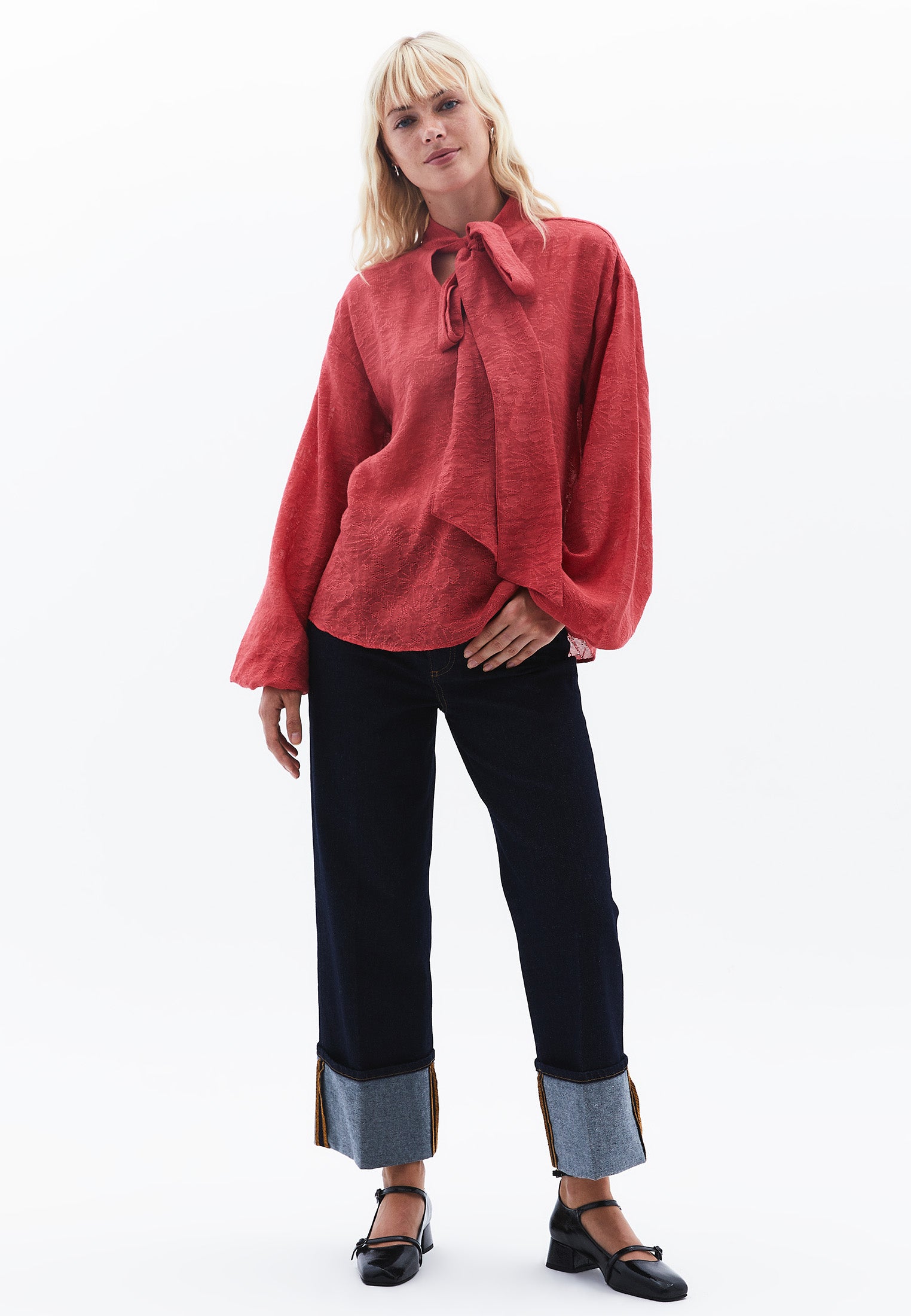 High Neck Balloon Sleeve Tie Blouse - GARNET ROSE