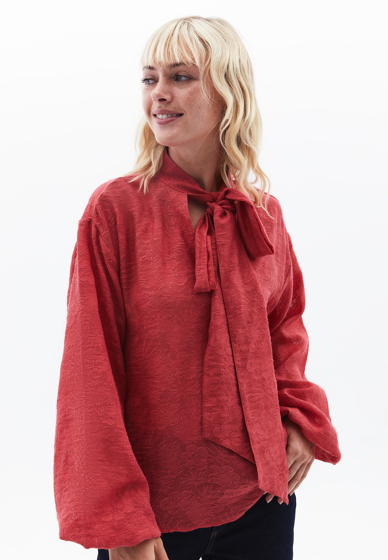 High Neck Balloon Sleeve Tie Blouse - GARNET ROSE