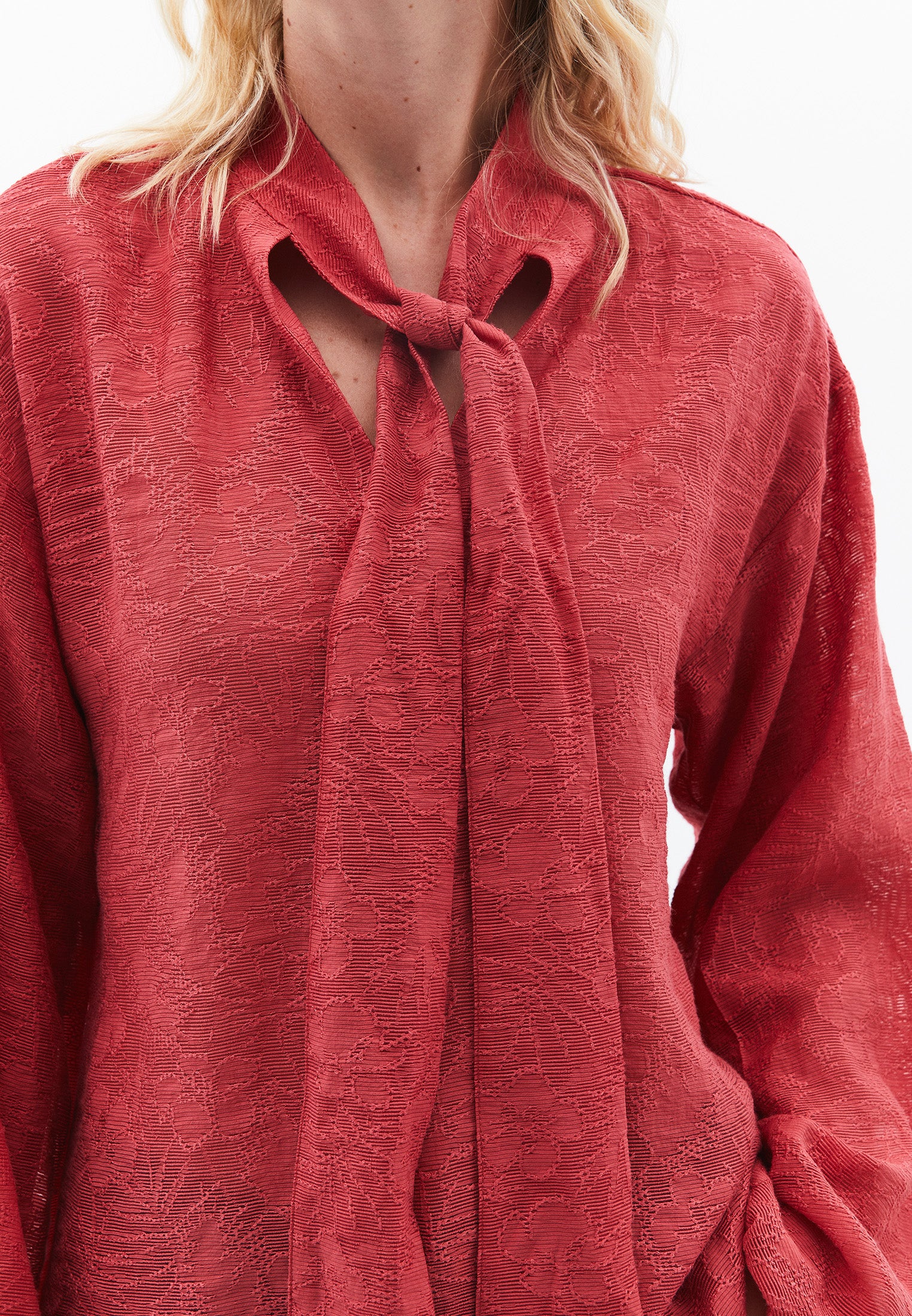 High Neck Balloon Sleeve Tie Blouse - GARNET ROSE