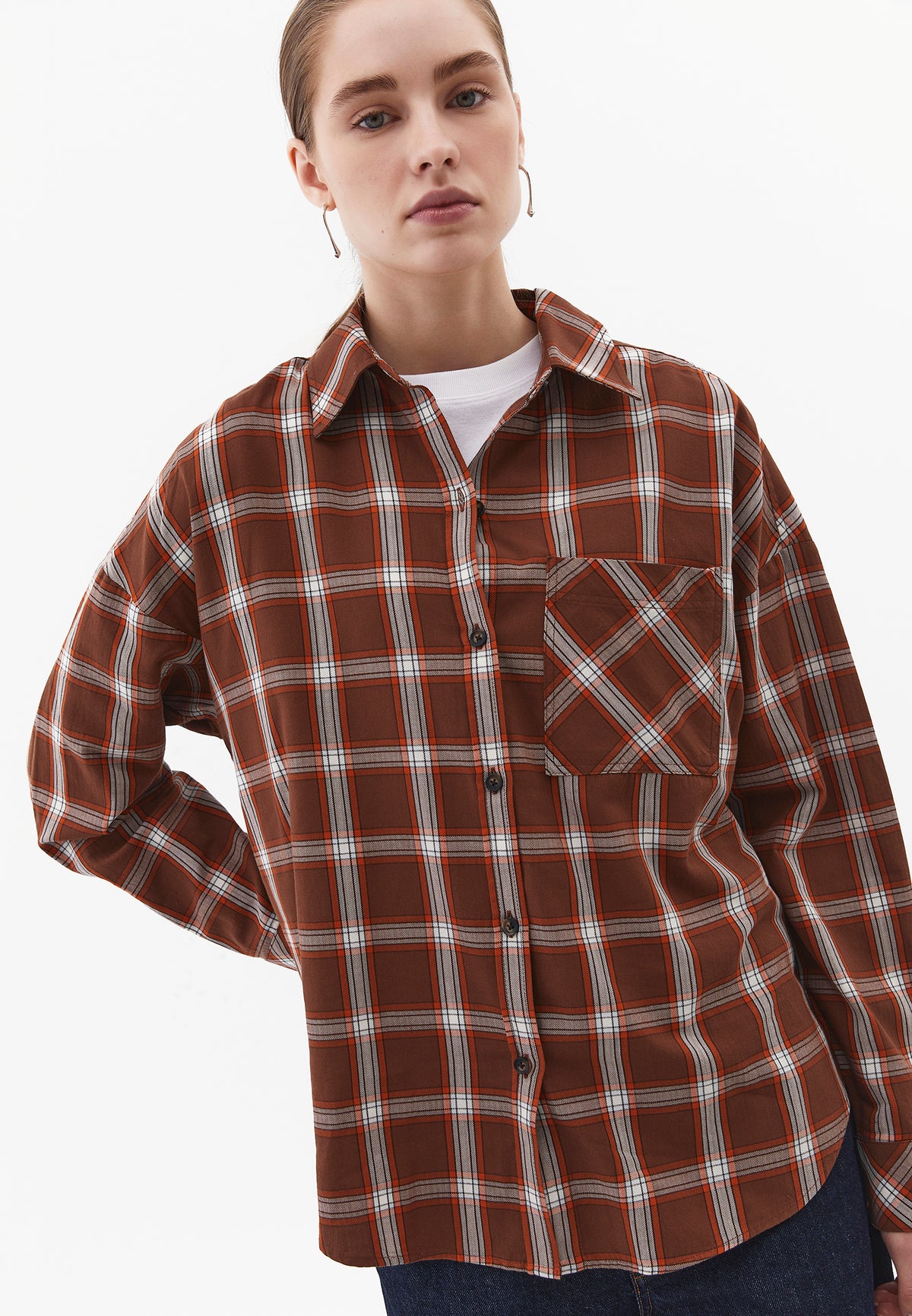 Oversized Long Sleeve Shirt with Pocket Detail - GOLD FLAME CHECK