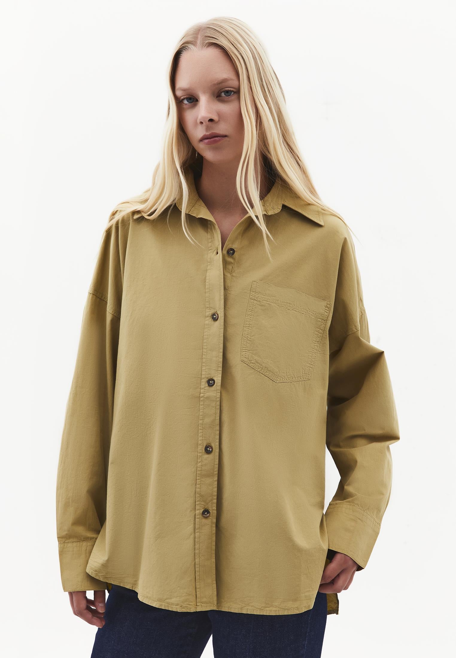 Oversized Long-Sleeve Shirt with Pocket Detail - GRAY GREEN