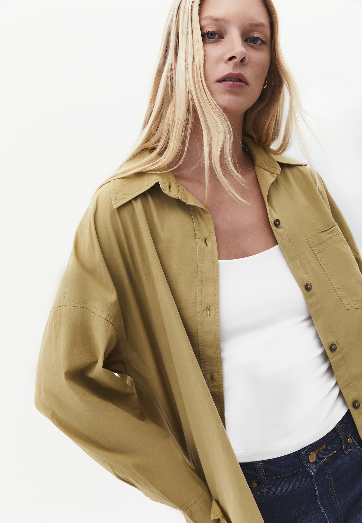 Oversized Long-Sleeve Shirt with Pocket Detail - GRAY GREEN