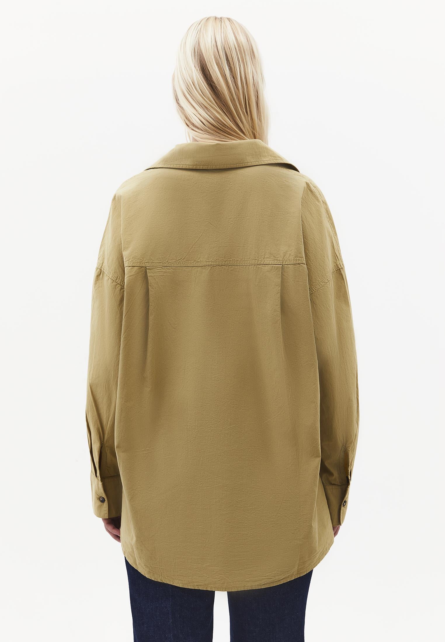 Oversized Long-Sleeve Shirt with Pocket Detail - GRAY GREEN