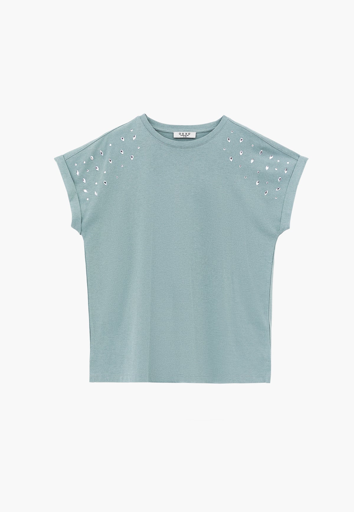 Rivet Detailed Boat Neck Short Sleeve T-Shirt - GREEN MILIEU