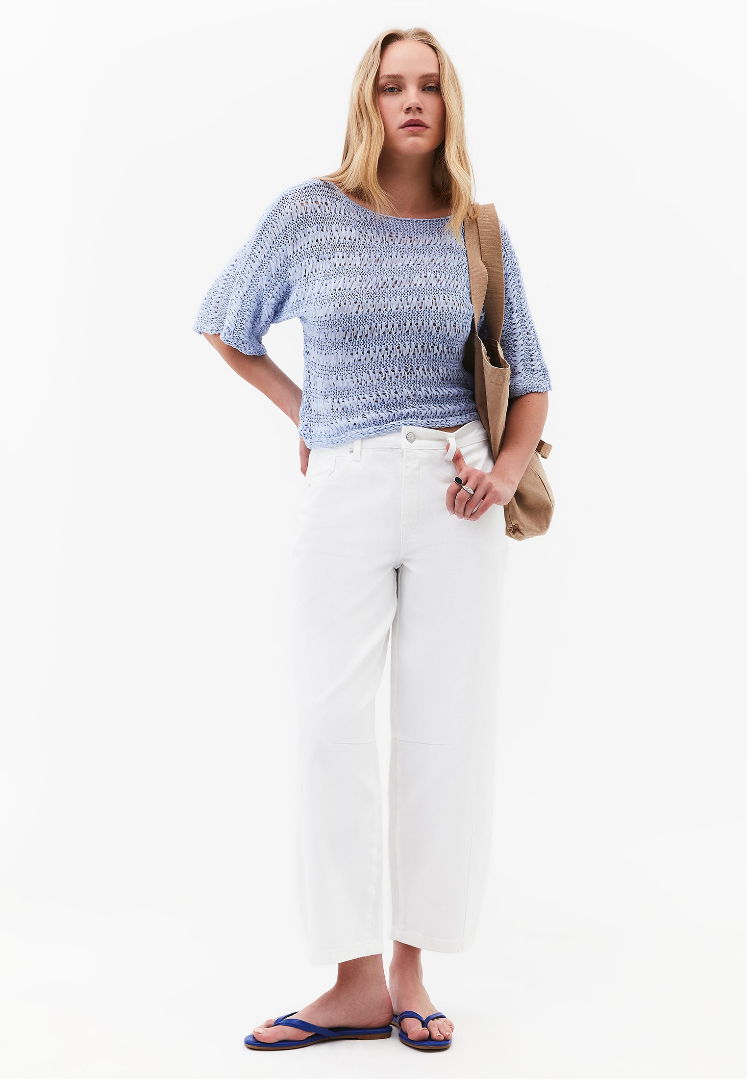 Openwork Batwing Sleeve Boat Neck Cropped Blouse - HALOGEN BLUE